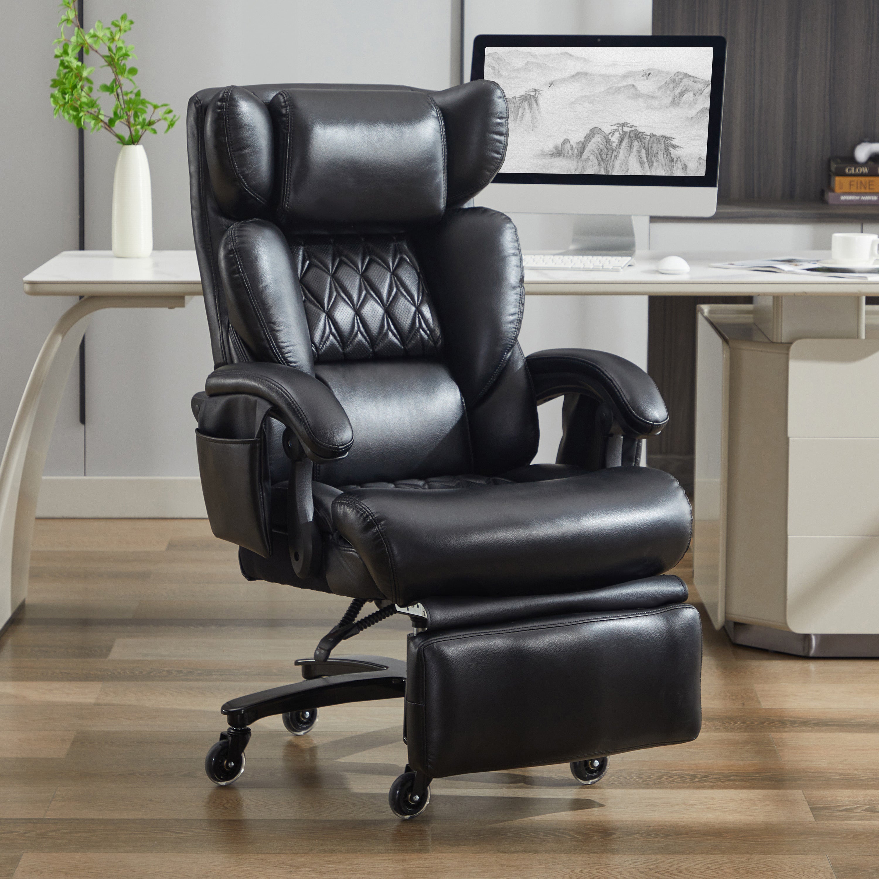 XXL Executive Office Chair - Massage Heat Footrest Adjustable Backrest 150kg - PU Leather Black