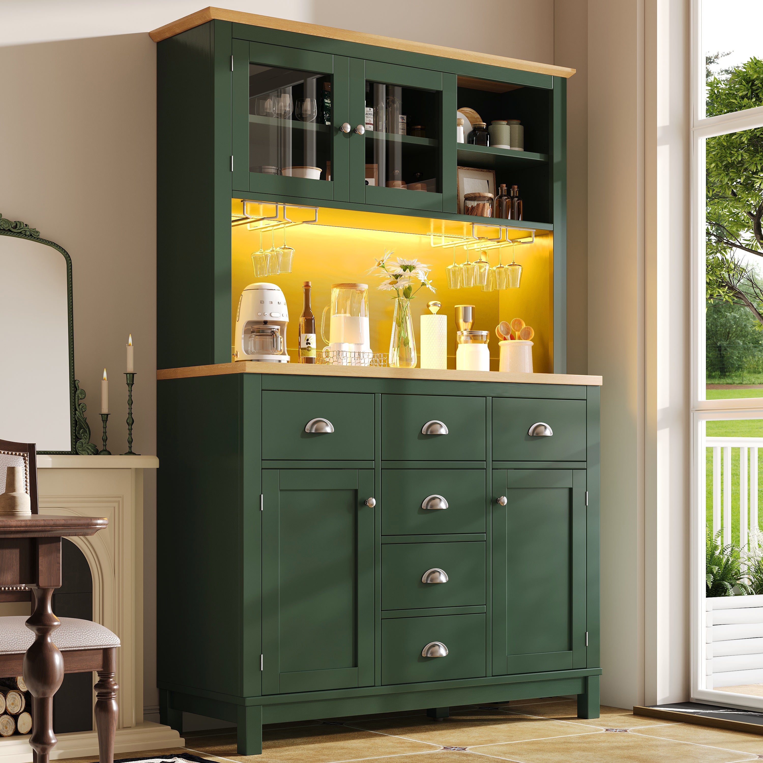 Buffet Sideboard Cabinet with 4 Doors and LED Lights, Green and White
