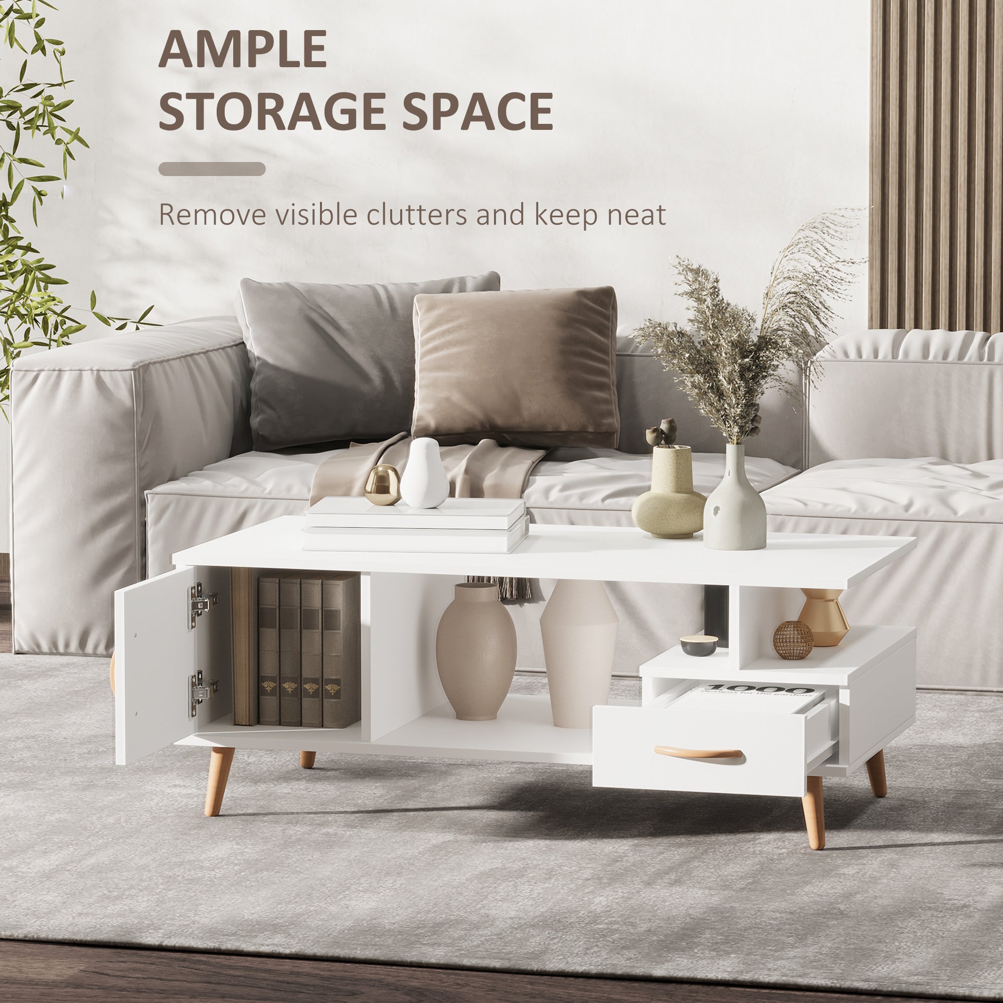 Modern Minimalism Coffee Table, Storage Shelf & Drawer, White