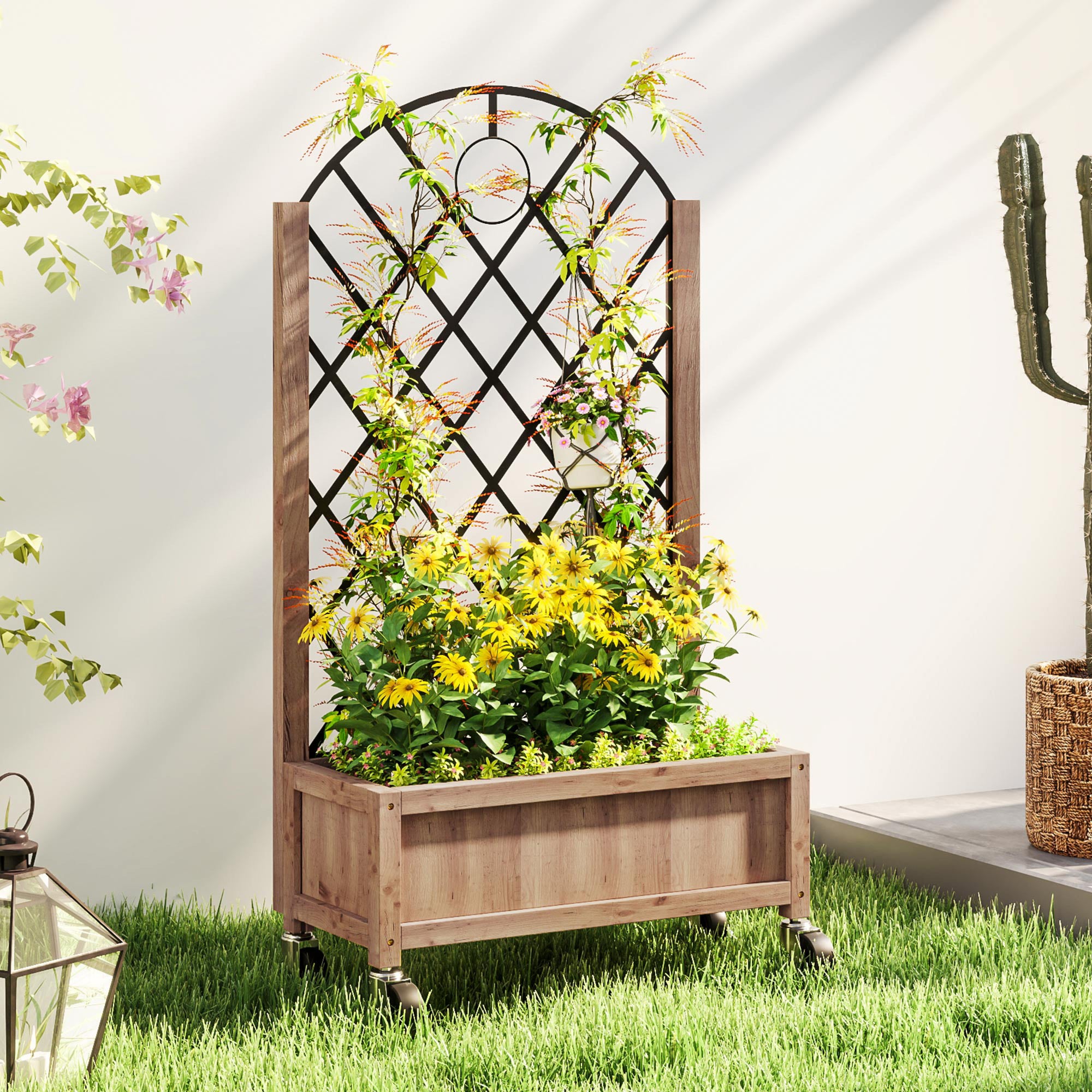 Raised Garden Bed, Elevated Planter Box with Trellis and Wheels, Wooden Brown