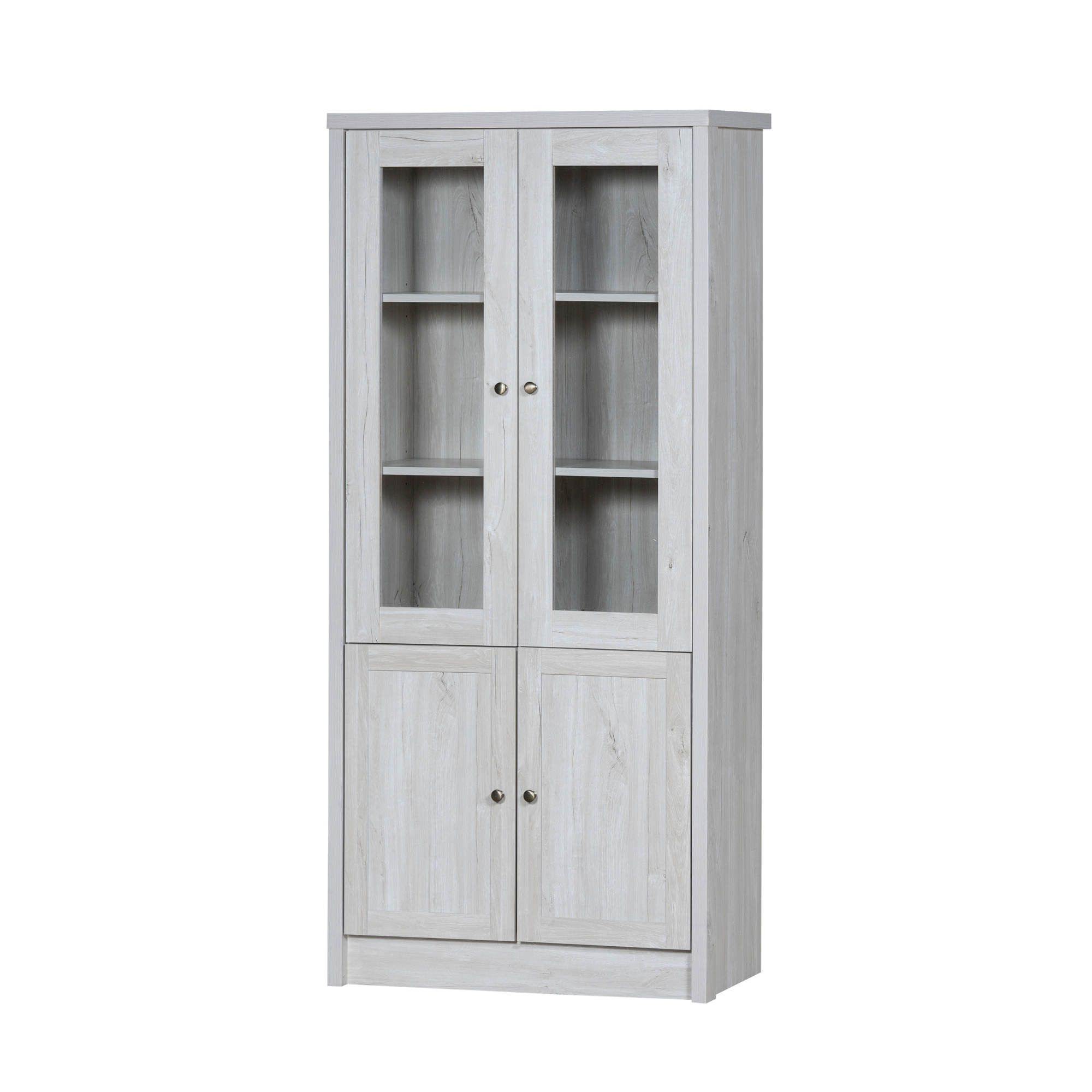 Tall Cabinet, Glass & Wood Doors, Copper Handles, Wood Look