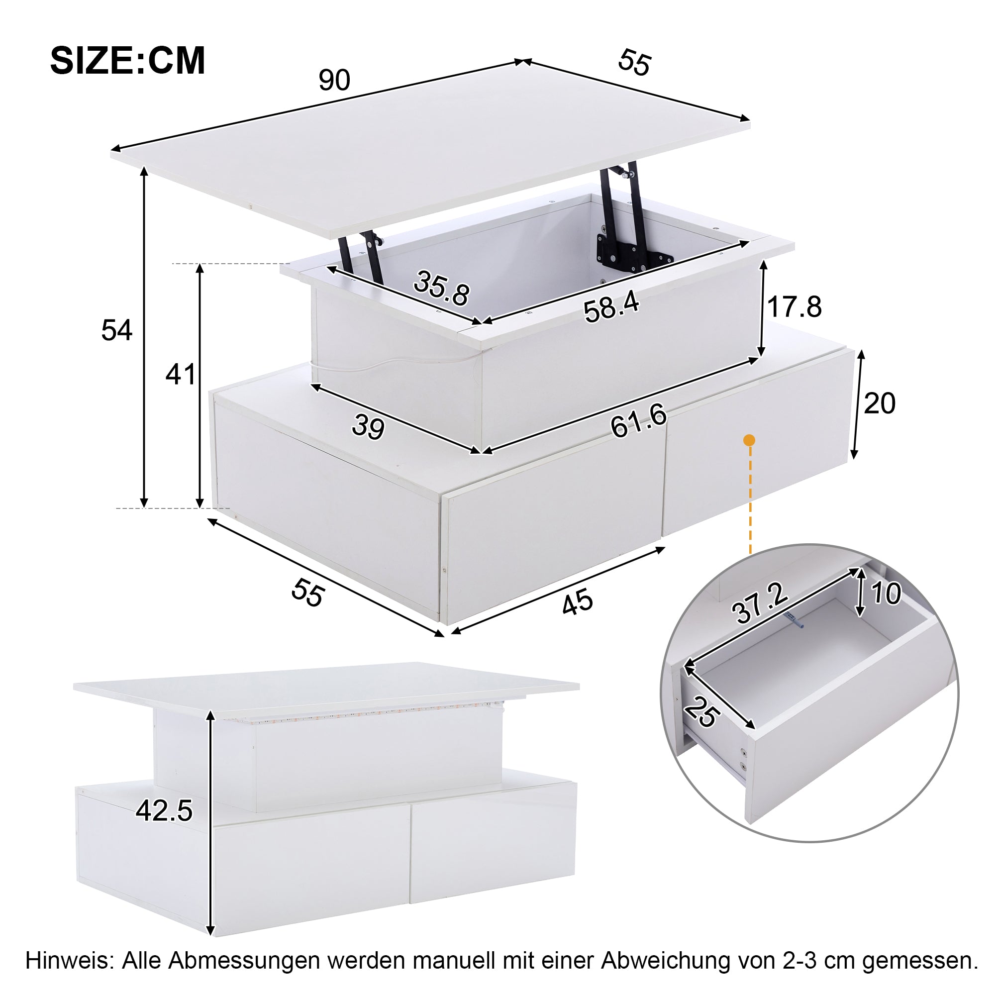 Coffee Table with LED Lighting and 4 Drawers, 90x55x41 cm, White High-Gloss
