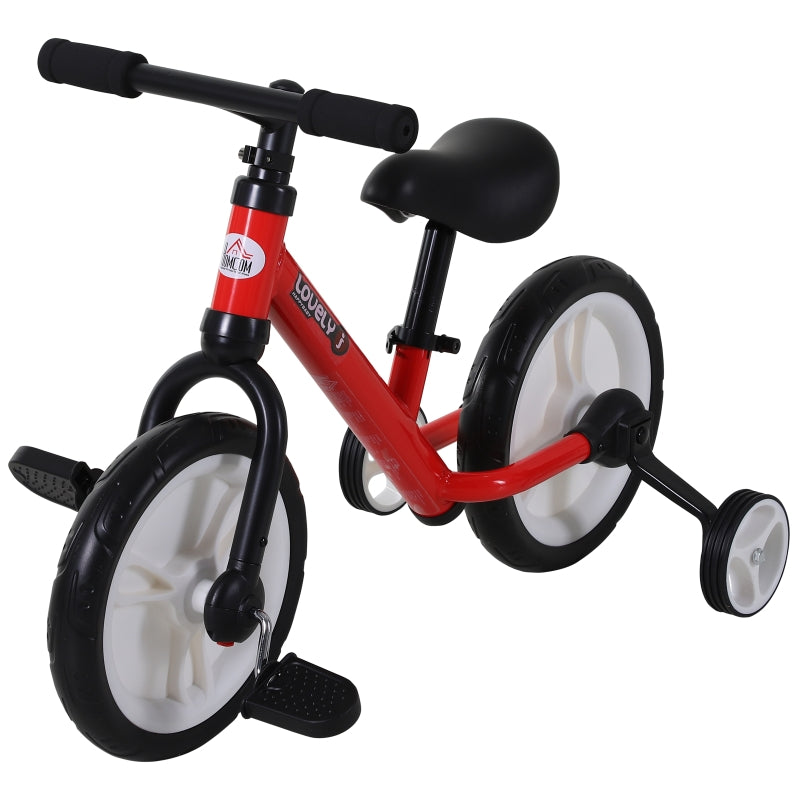Children's Balance Bike, 2-in-1 with Training Wheels and Pedals, Red