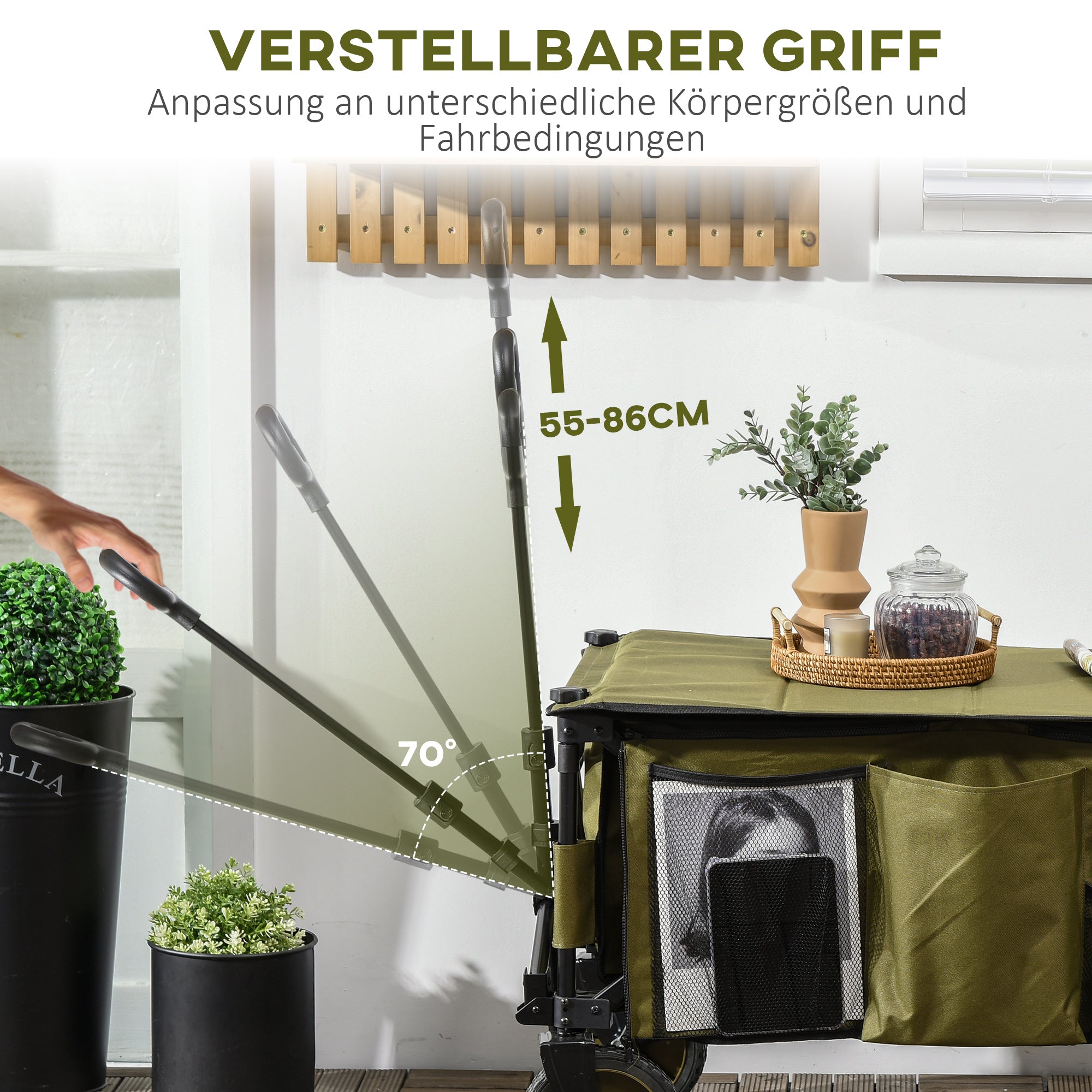 beach cart, foldable transport with 4 wheels, removable cover, height-adjustable handle, tilting tray, 5 storage bags, green