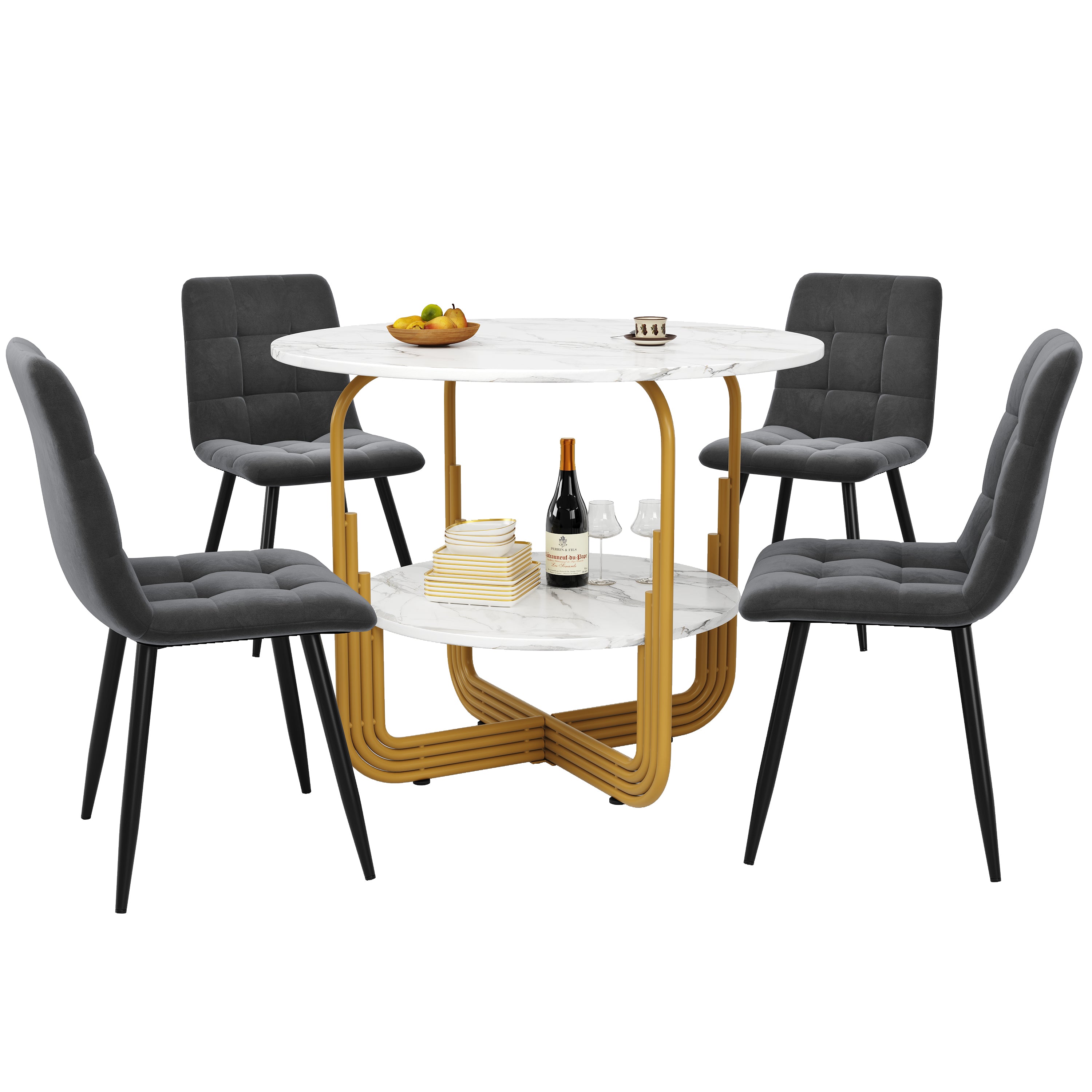 Dining Table Set, 5-Piece Round with 4 Chairs, 80cm, Gold Metal Legs, MDF Marble, Grey