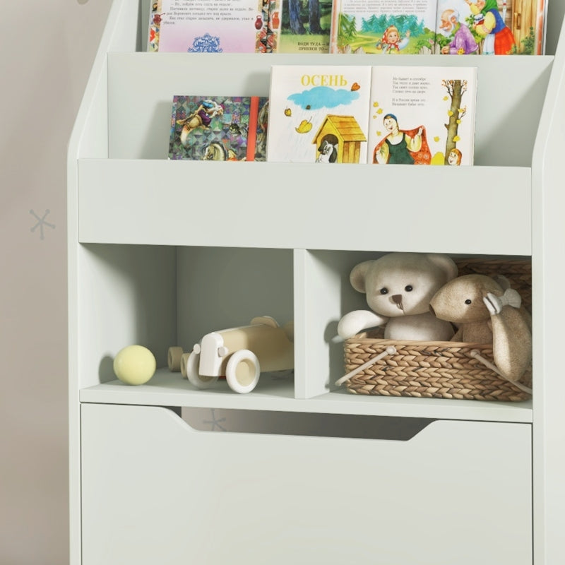 Children's Bookcase with Drawer, 3 Shelves, 2 Open Compartments, Light Green