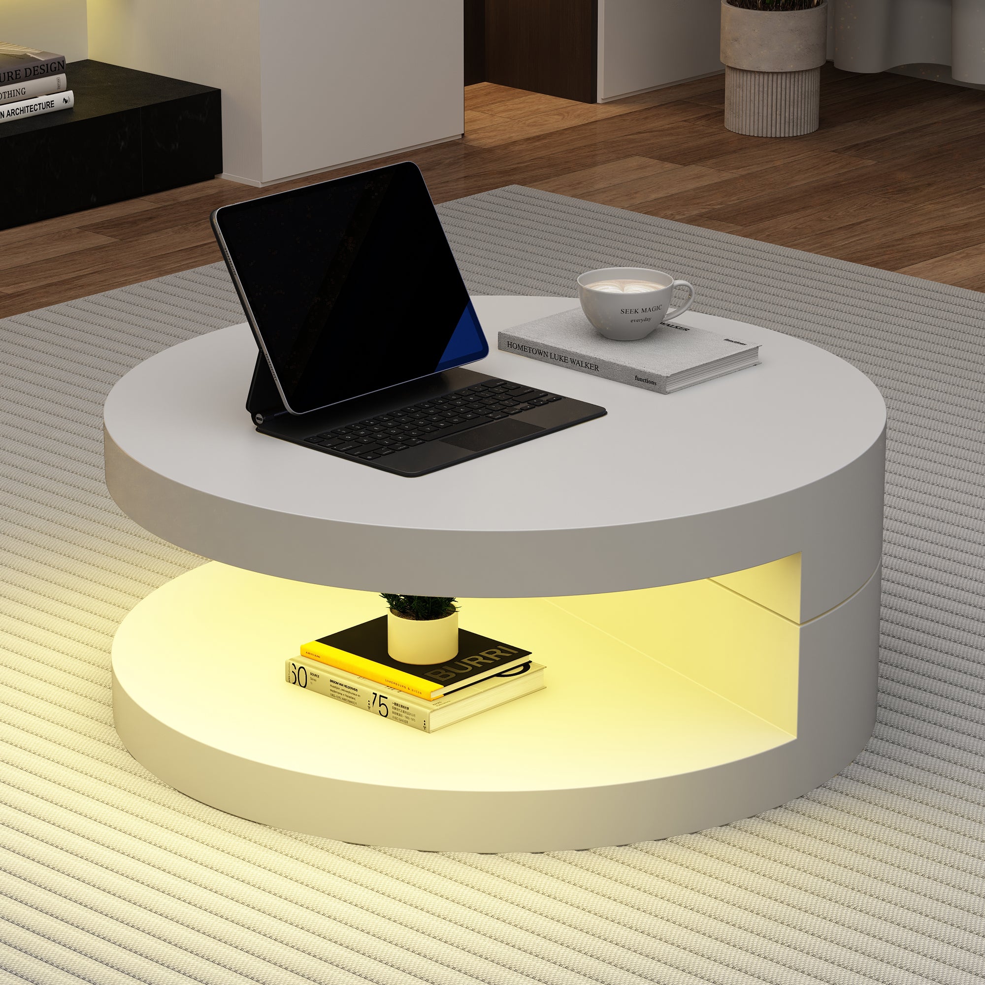 Coffee Table Swivel 360° LED Light Cylindrical MDF White