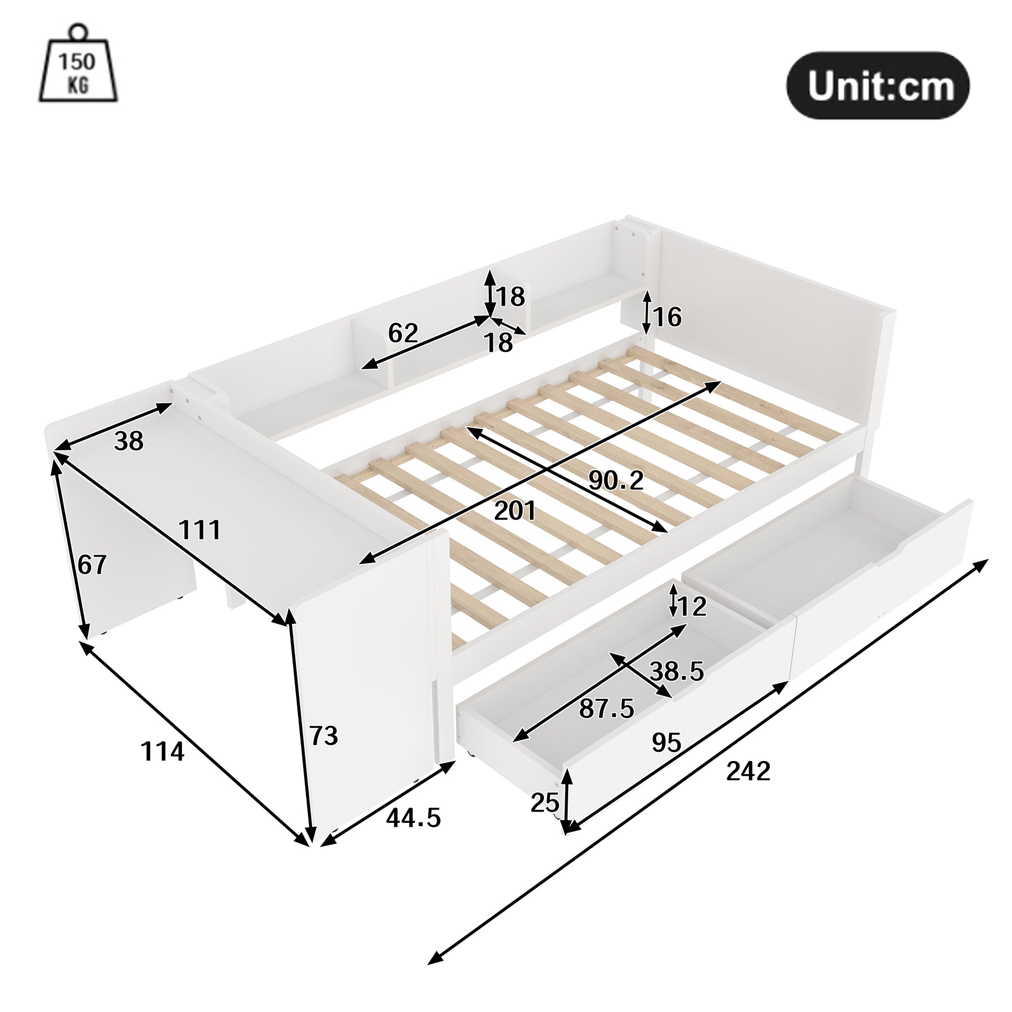 Single Bed 90x200cm Desk 2 Drawers Shelves - White Wood