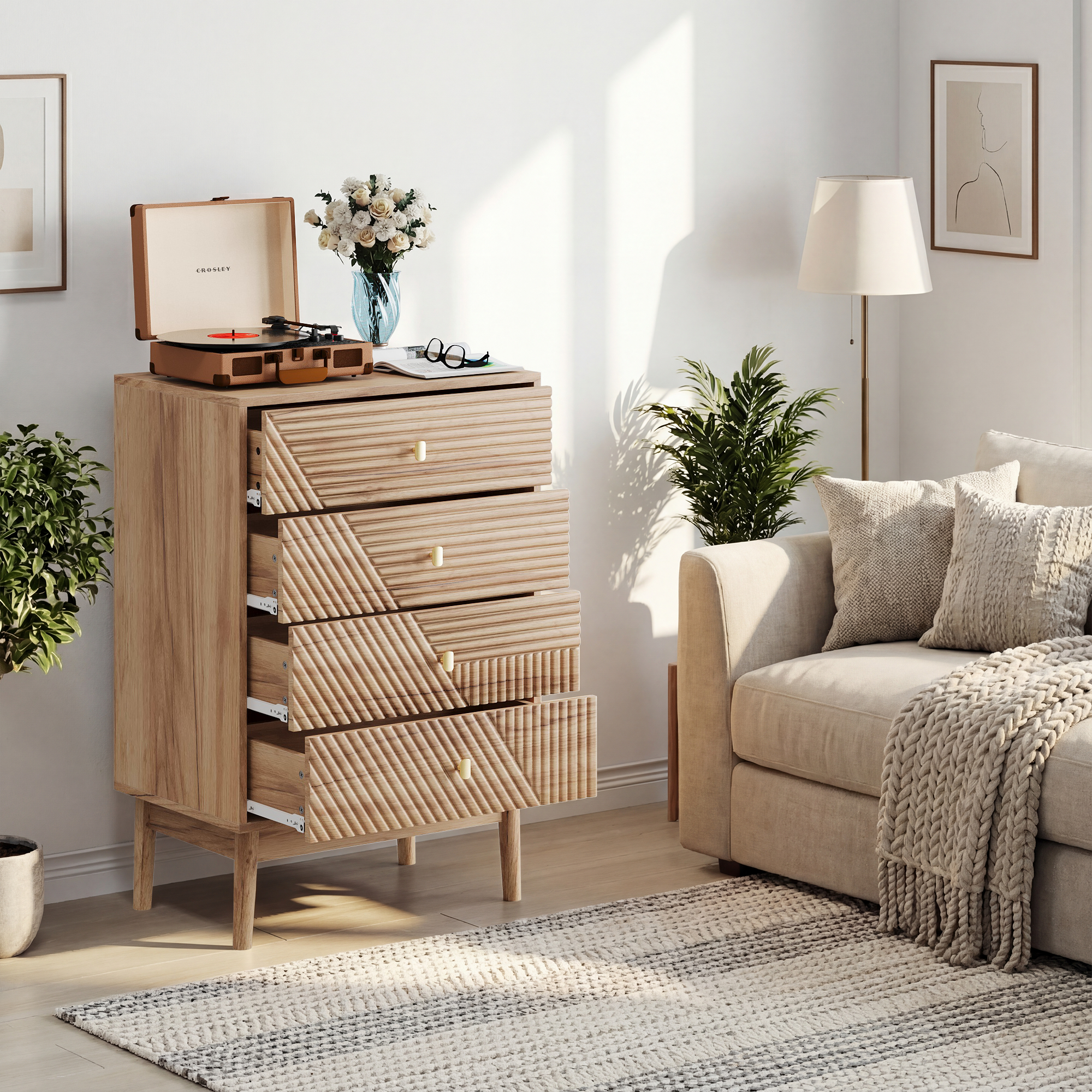 Chest of Drawers with 4 Storage Drawers and Wooden Wardrobe Cabinet, Oak Color