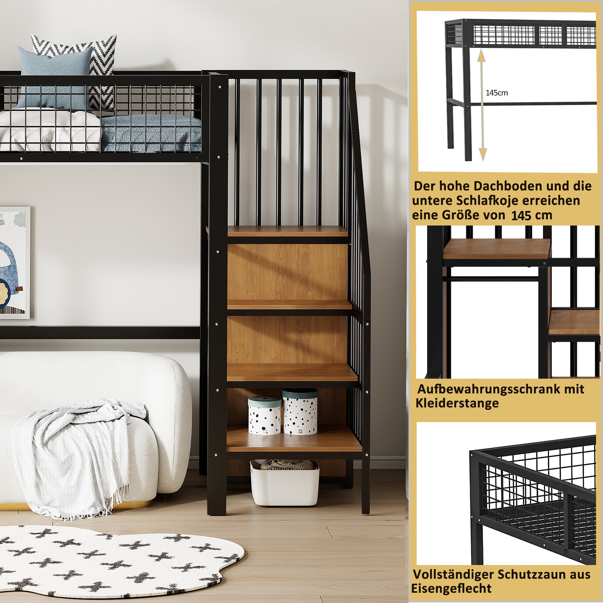 Loft Bed, 90x200 with Ladder & Storage, Iron Frame, Black
