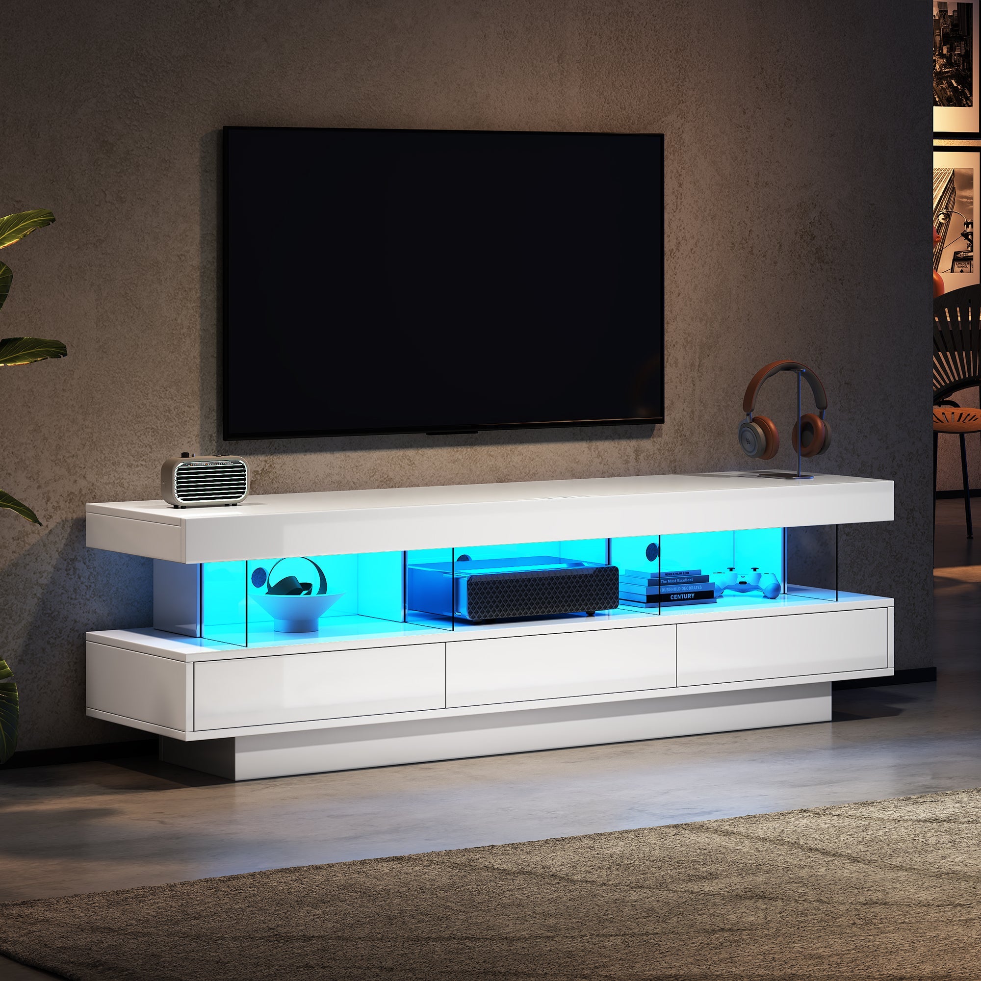 TV Stand Cabinet with LED Lights, 160CM High Gloss, 3 Drawers, 3 Open Storage Space, White