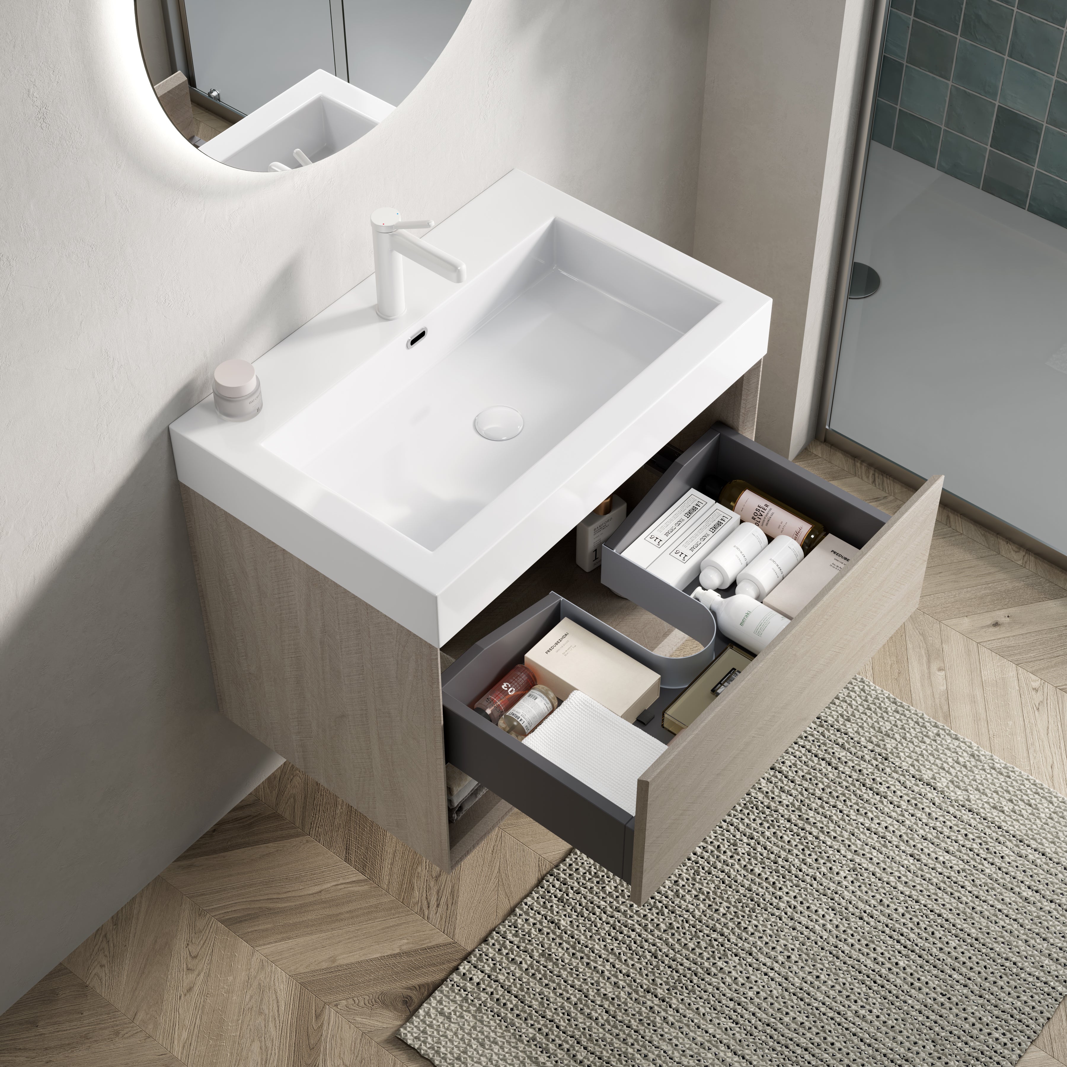 Wall-Mounted Bathroom Vanity Unit with Integrated Resin Basin, Drawer and Shelf, Light Oak Wood Grain