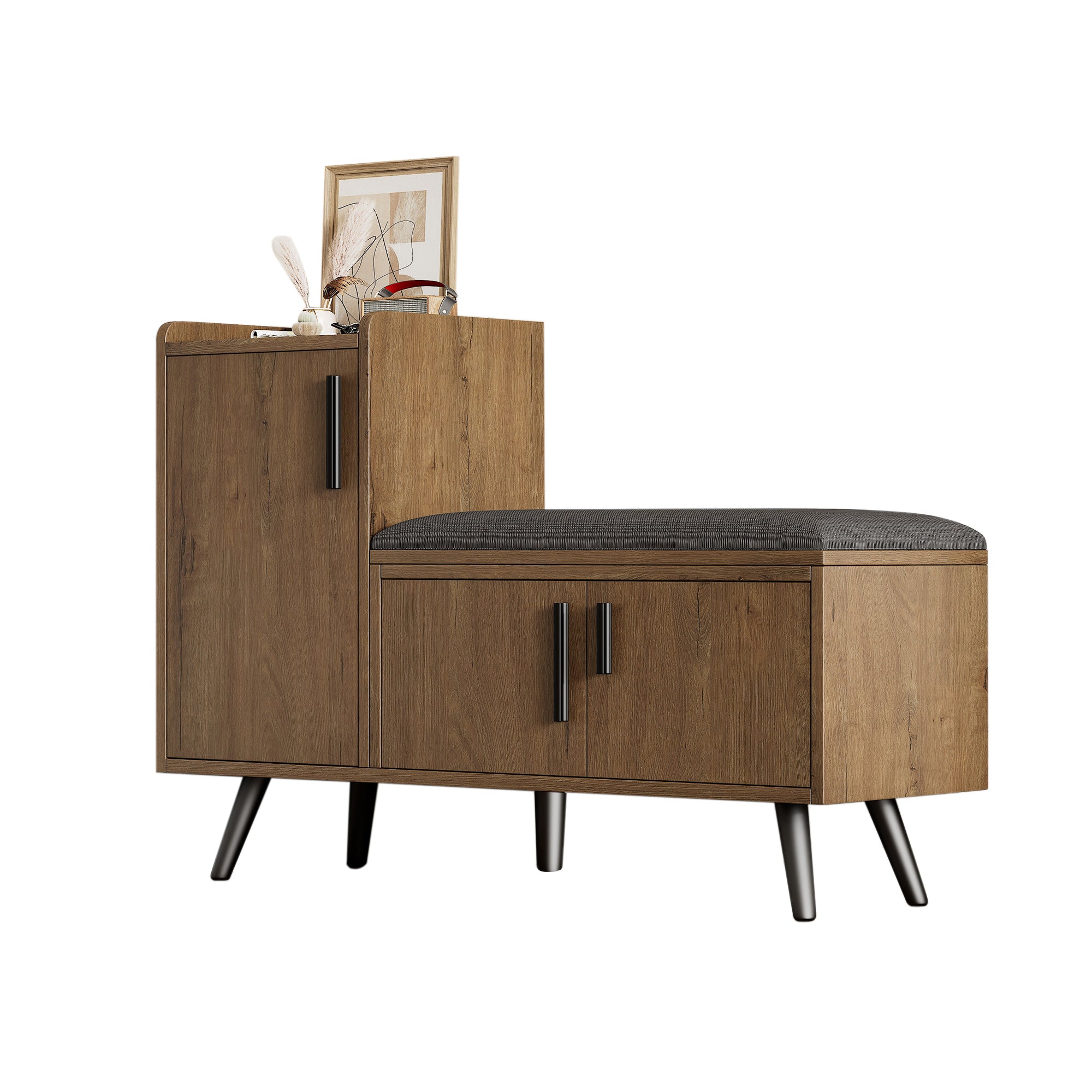 Modern shoe bench with three storage doors and multiple levels for storage, metal handles