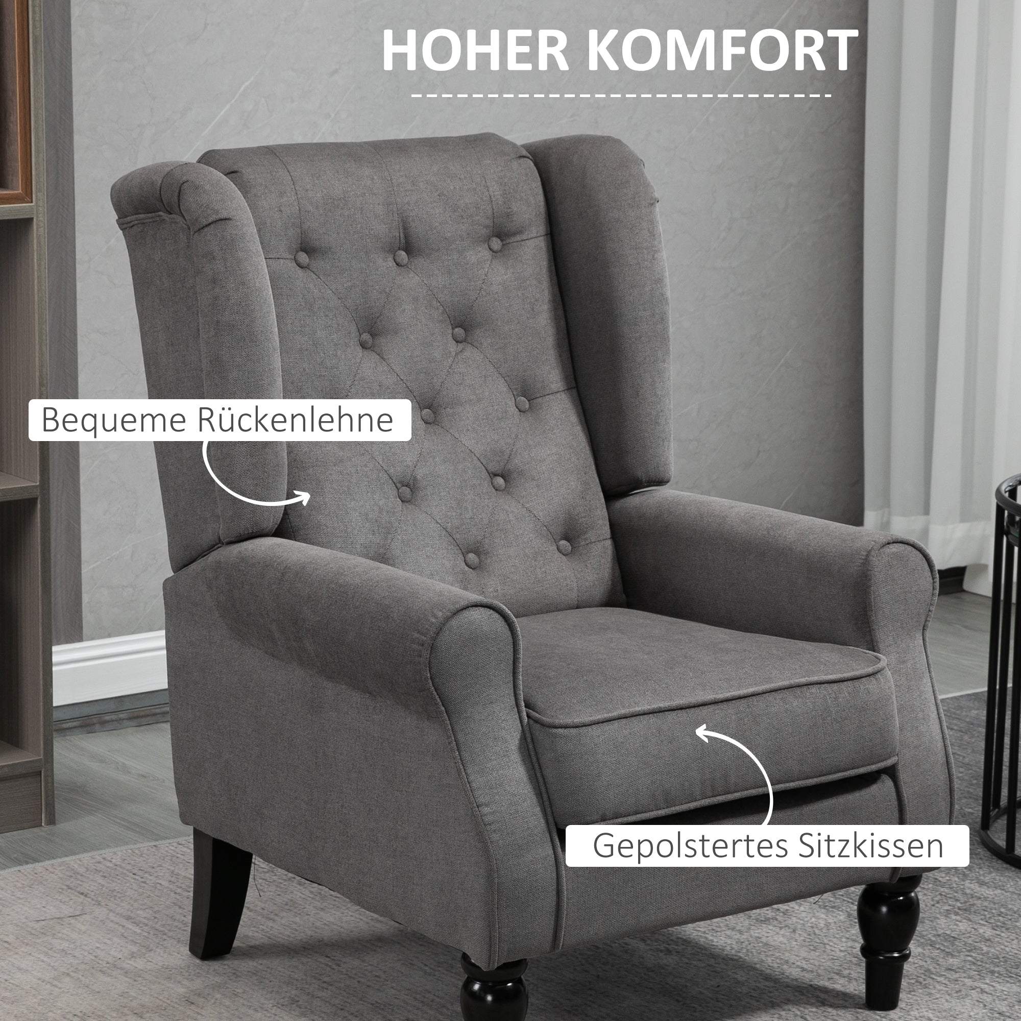 Single Armchair, Wingback Chair, Tufted, Dark Grey Polyester