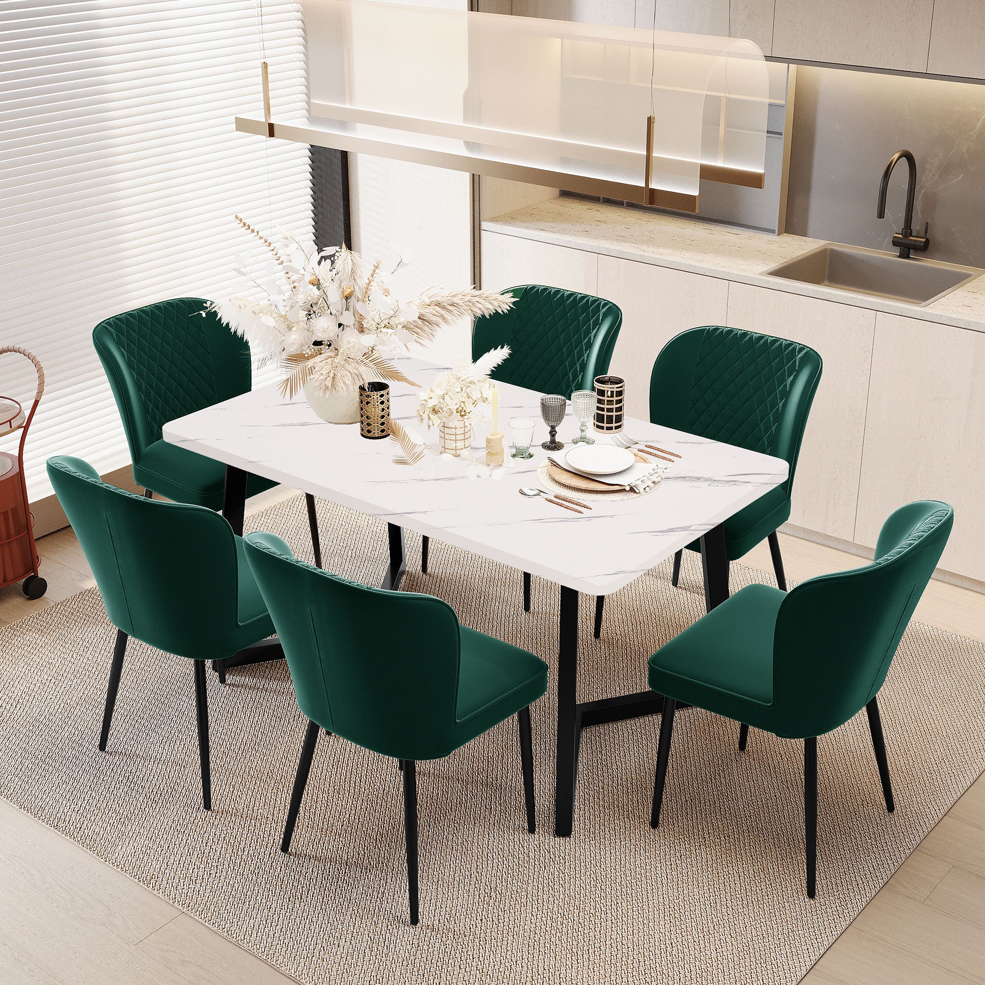 Dining Chair Set of 6 Upholstered Designer Metal Frame Dark Green Velvet