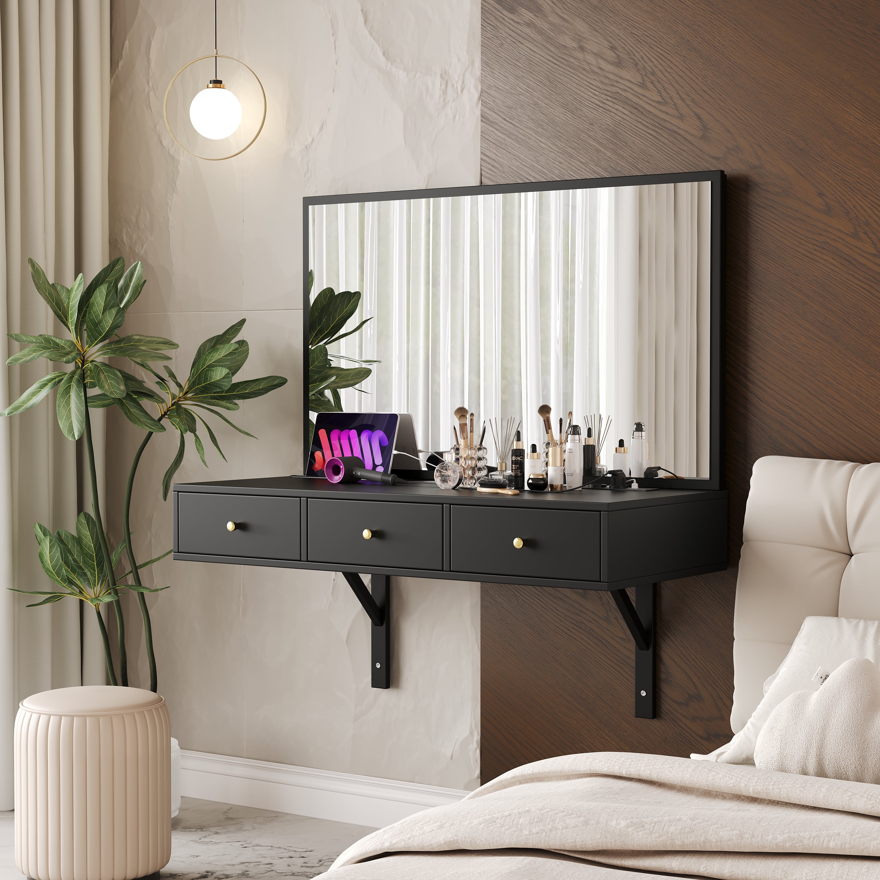 Wall-Mounted Vanity Table with Mirror, 3 Drawers, Power Outlets, Tablet/Card Slot, Drink Holder, Black