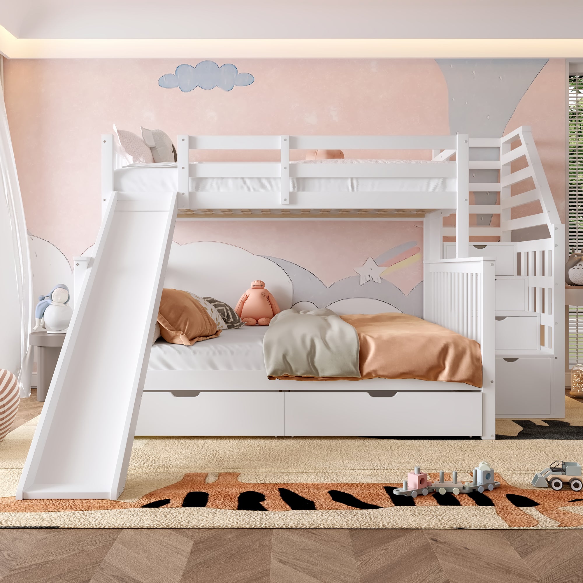 Bunk Bed 90x200 over 140x200 with Drawers, Storage, Slide, Multifunctional, White