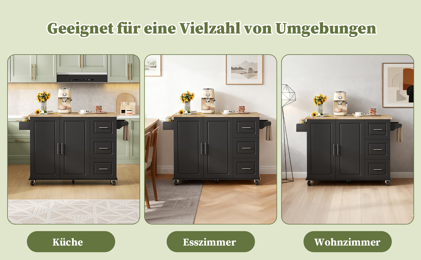 Mobile Kitchen Table with Foldable Worktop and 3 Drawers, Oak Look