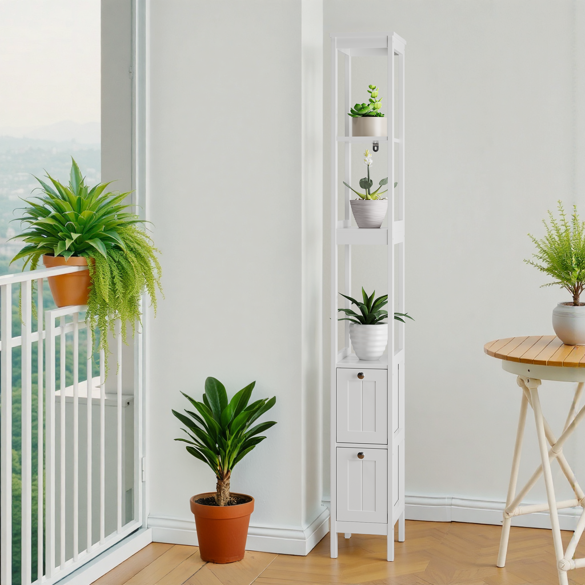 Narrow Tall Cabinet, Freestanding with 2 Drawers and 3 Shelves, White