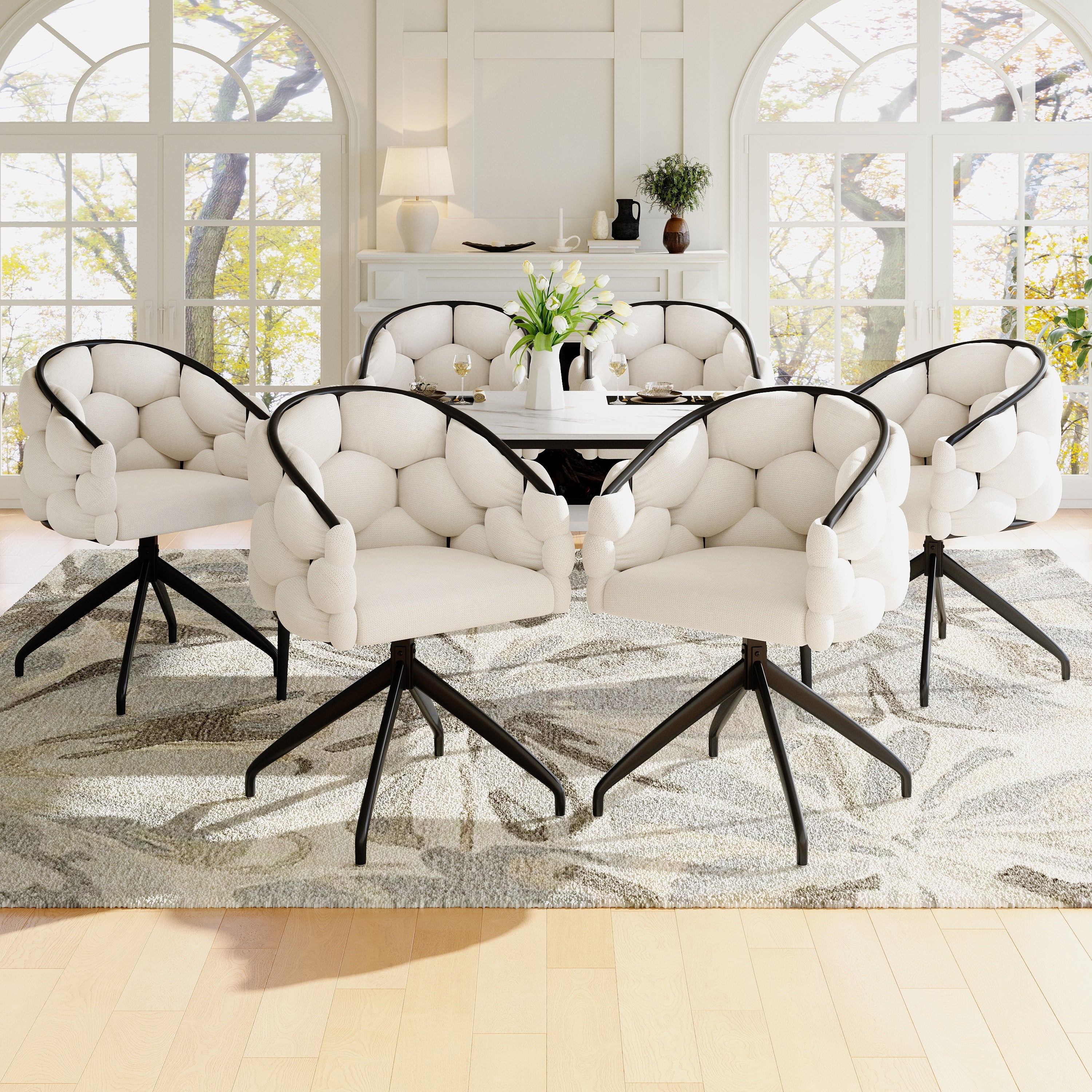 Velvet Chairs, 6-Piece Swivel 360° Rotatable, Beige