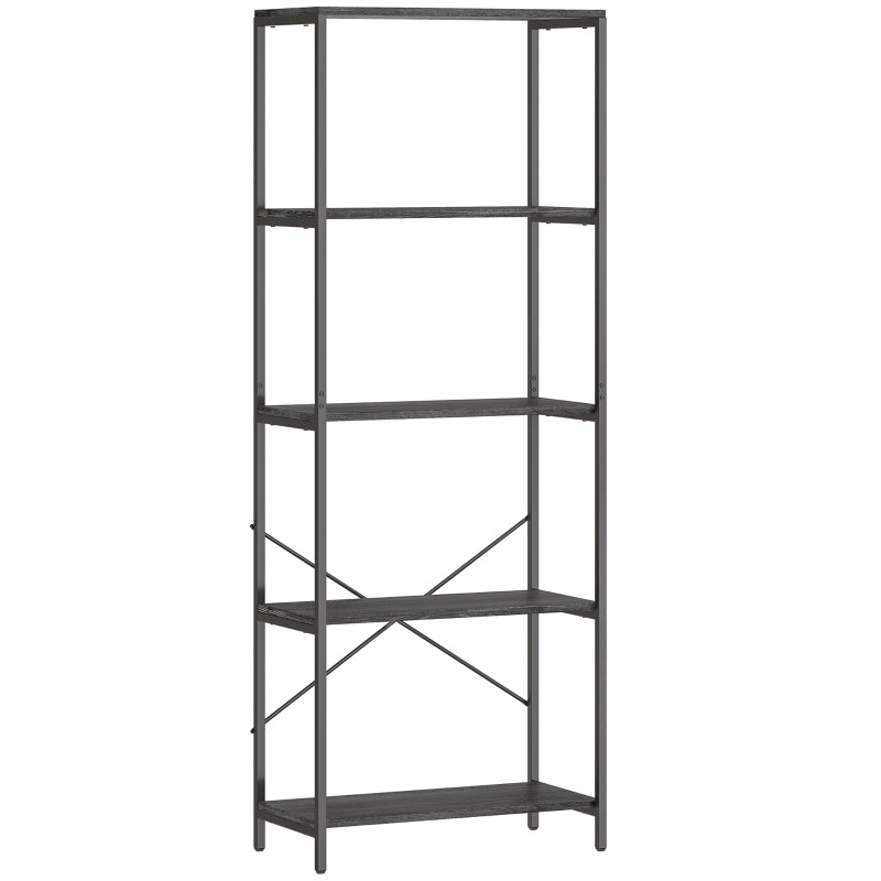 Bookshelf, 5-Tier Industrial Bookcase with Metal Frame, Dark Grey and Black