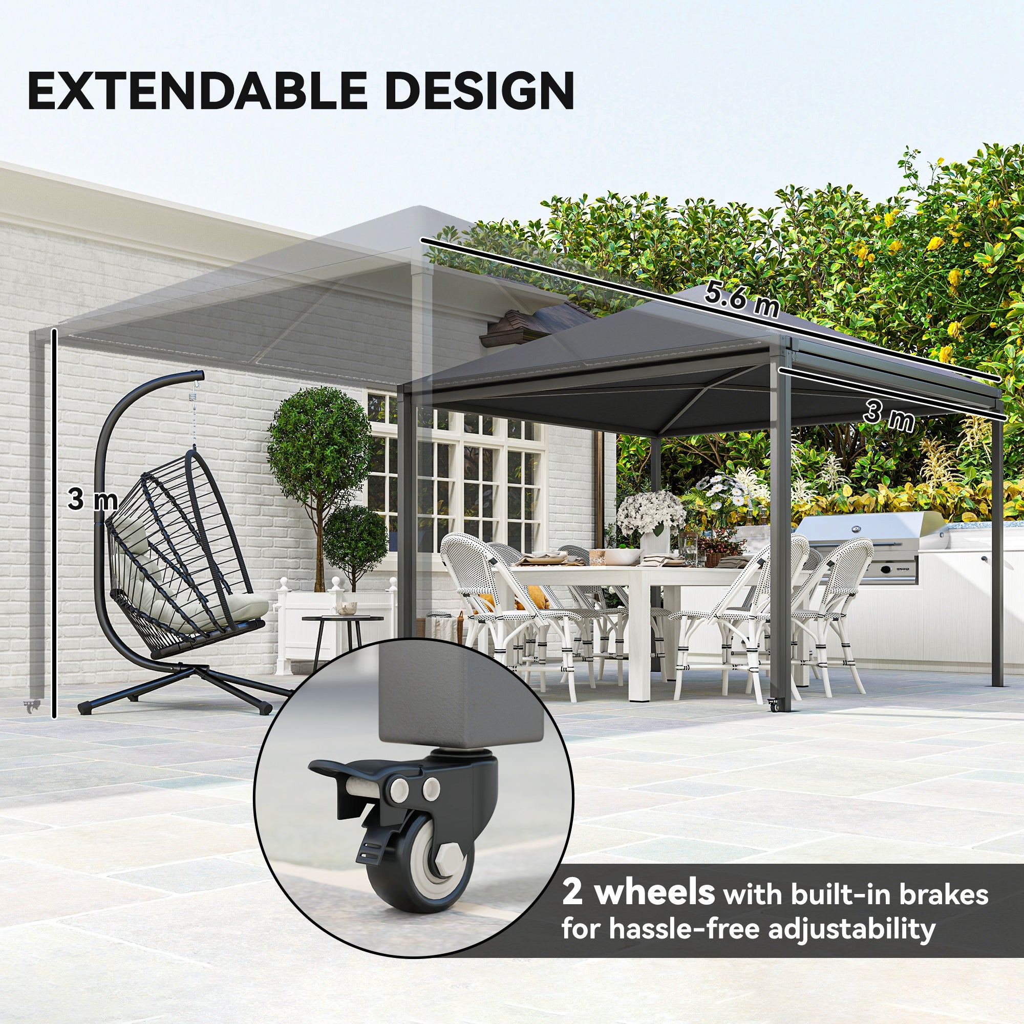 Garden Gazebo, Extendable Awning and Wheels Shelter, UPF30+ Metal Frame