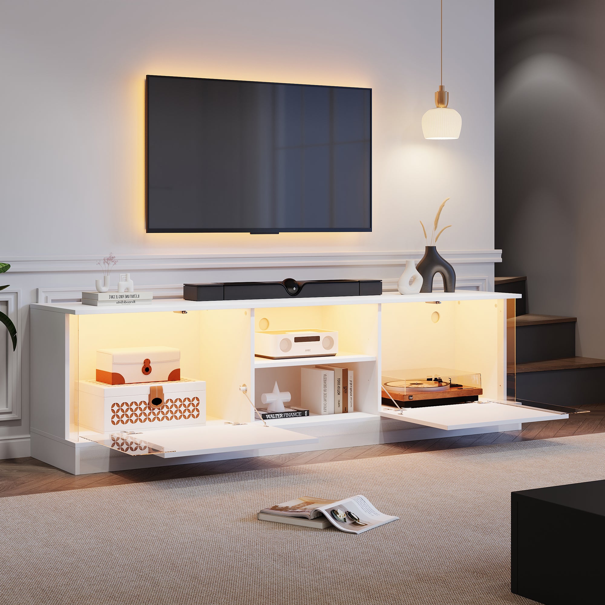 TV Cabinet with LED Storage, Floor-Standing, 70-inch TV Compatible, High-Gloss White
