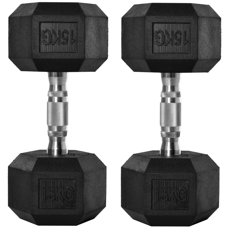 Dumbbell 2x15kg Hex Portable Hand Weights, Rubber