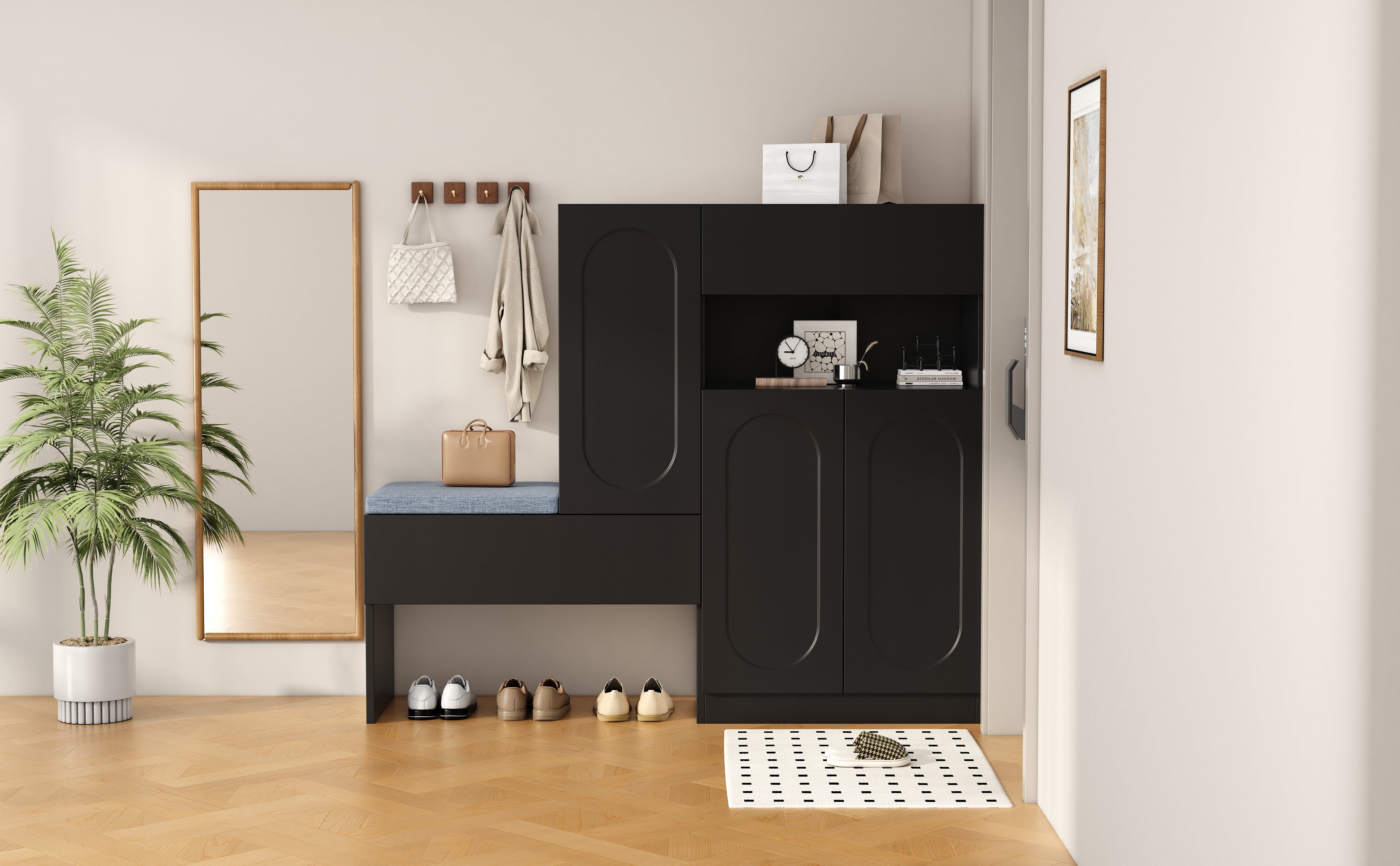 Trendy 2-in-1 Shoe Cabinet with Curved Doors, Soft-Close, Adjustable, Upholstered Bench, Black