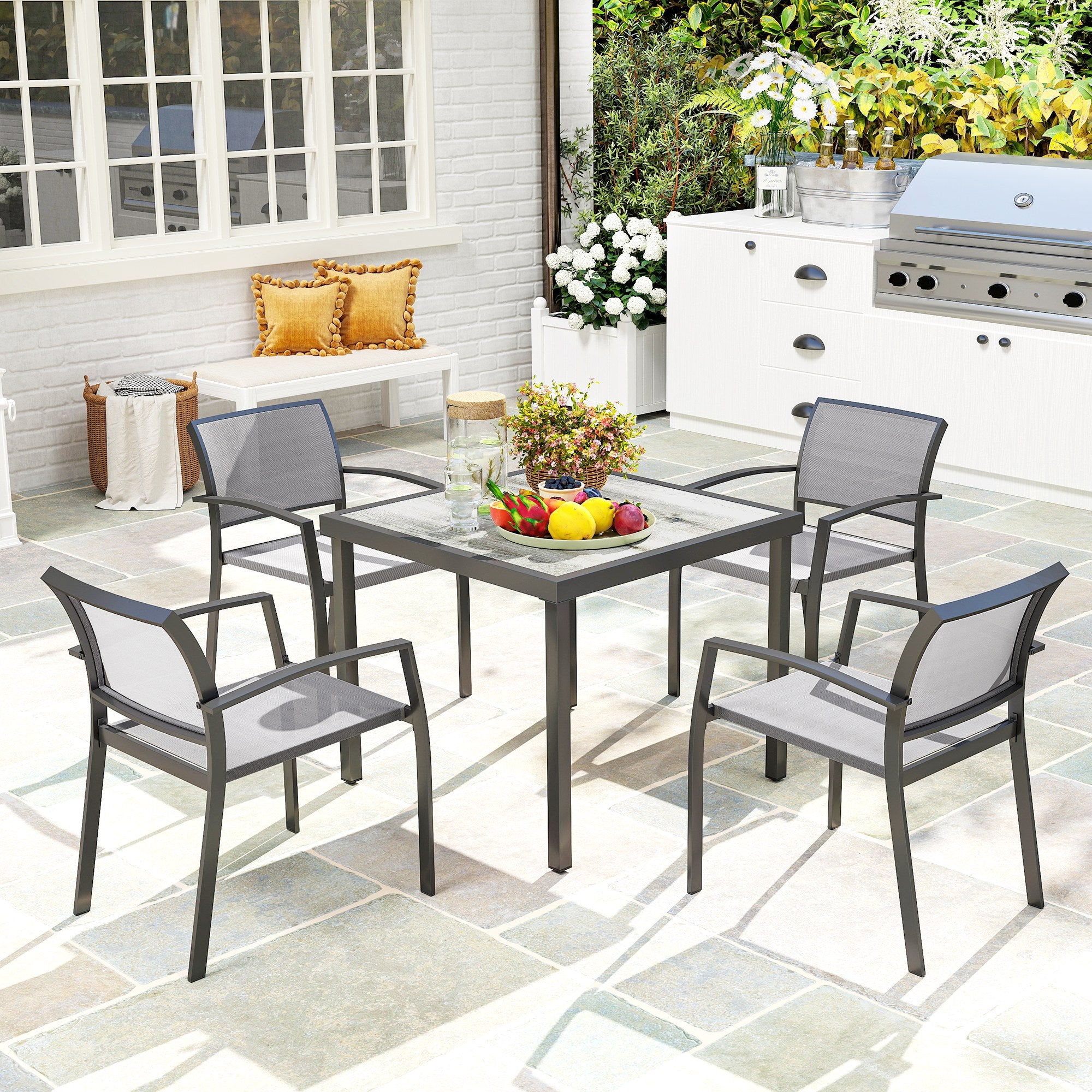 Five-Piece Outdoor Garden Dining Set, Square Table 4 Stackable Chairs, Grey