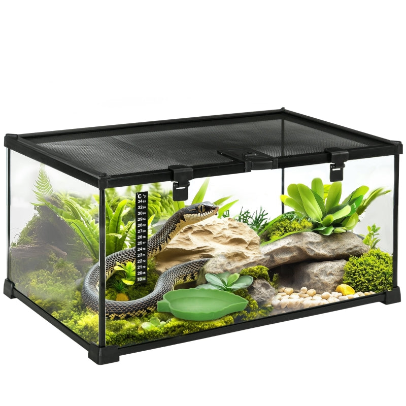 Glass Reptile Terrarium Vivarium Tank w/ Thermometer, Medium 50x30x25cm, Clear