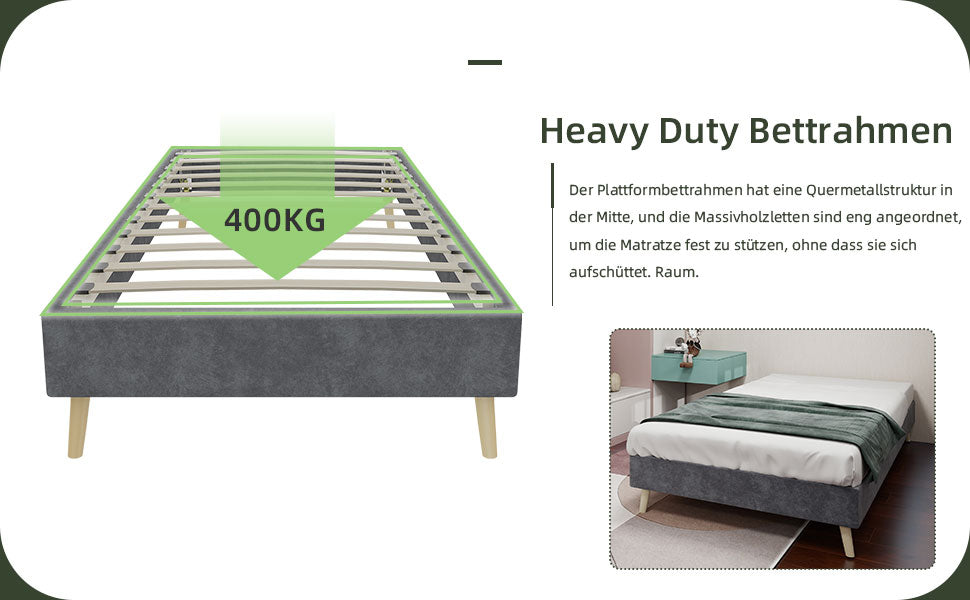 Modern Minimalist Bed Frame, Low-Profile Base 90x200 cm, Grey Dutch Velvet Fabric