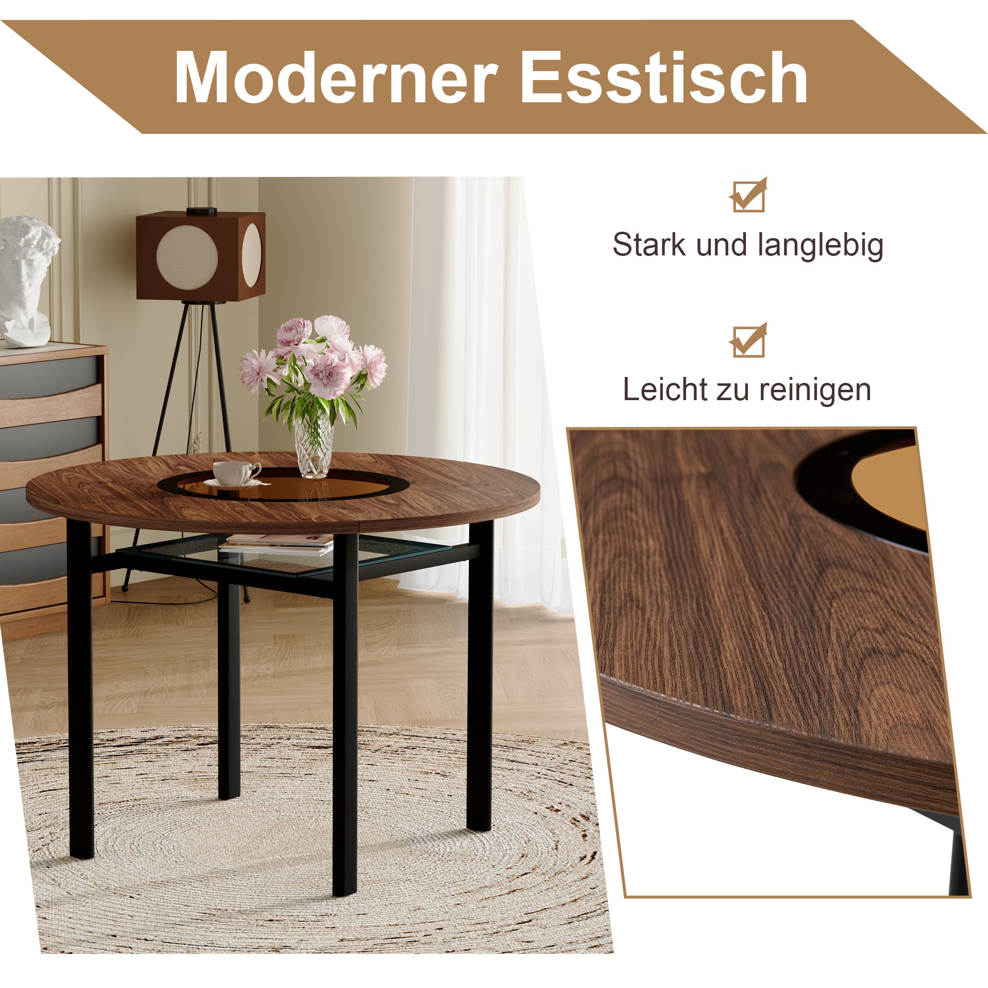 Modern Minimalist Round Table Set, 100cm Diameter, 4 Armchairs, Brown Wood/High-Tech Fabric