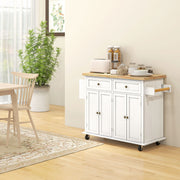 Rolling Kitchen Island Storage Trolley with Drawers and Rubber Wood Top, White