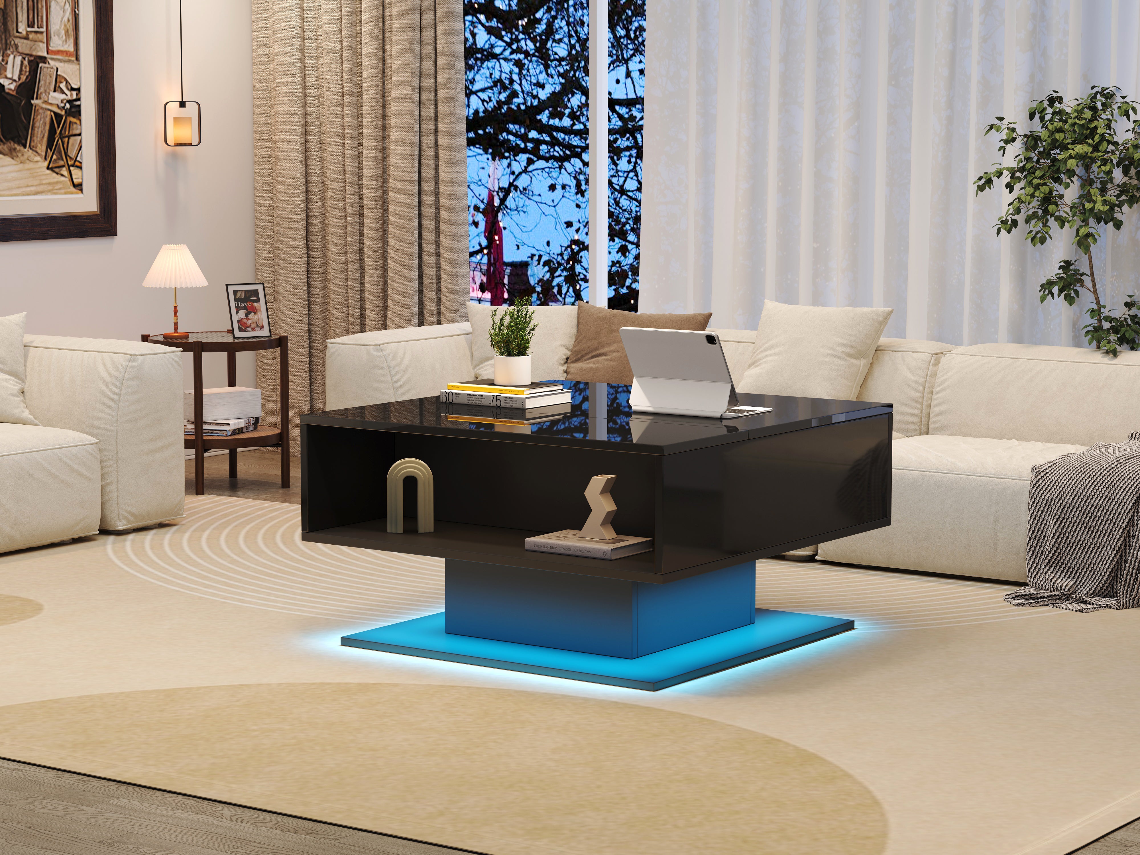 Coffee Table with Hydraulic Lift, High-Gloss, Storage, Black