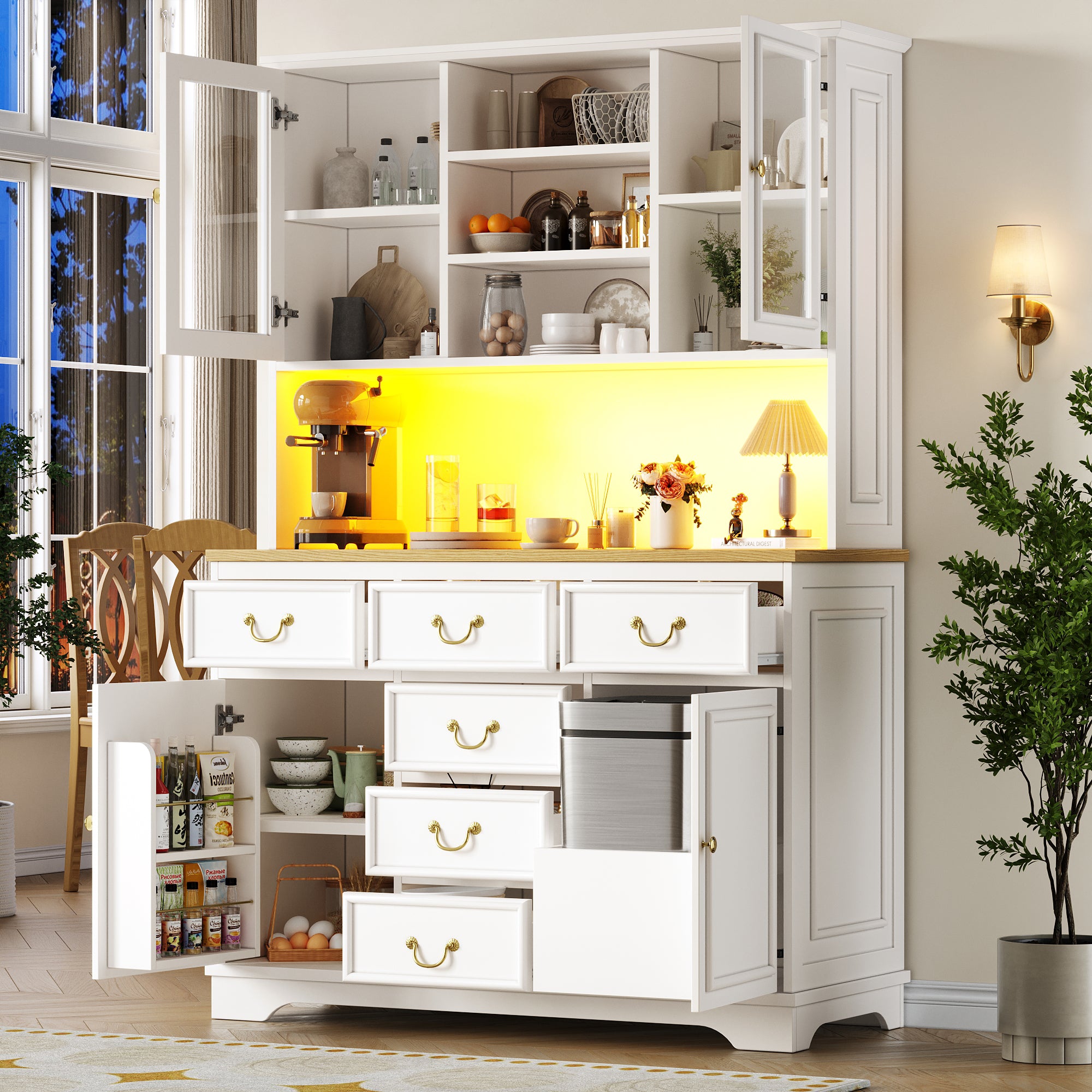 Tall Kitchen Cabinet Sideboard with USB Ports, Sockets and LED Lighting, White