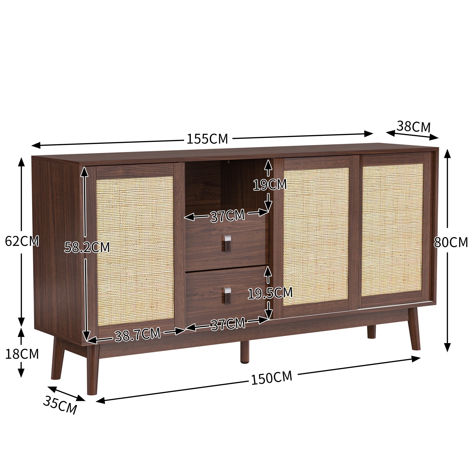 Sideboard, 3 Sliding Rattan Doors, 2 Drawers, Dark Wood