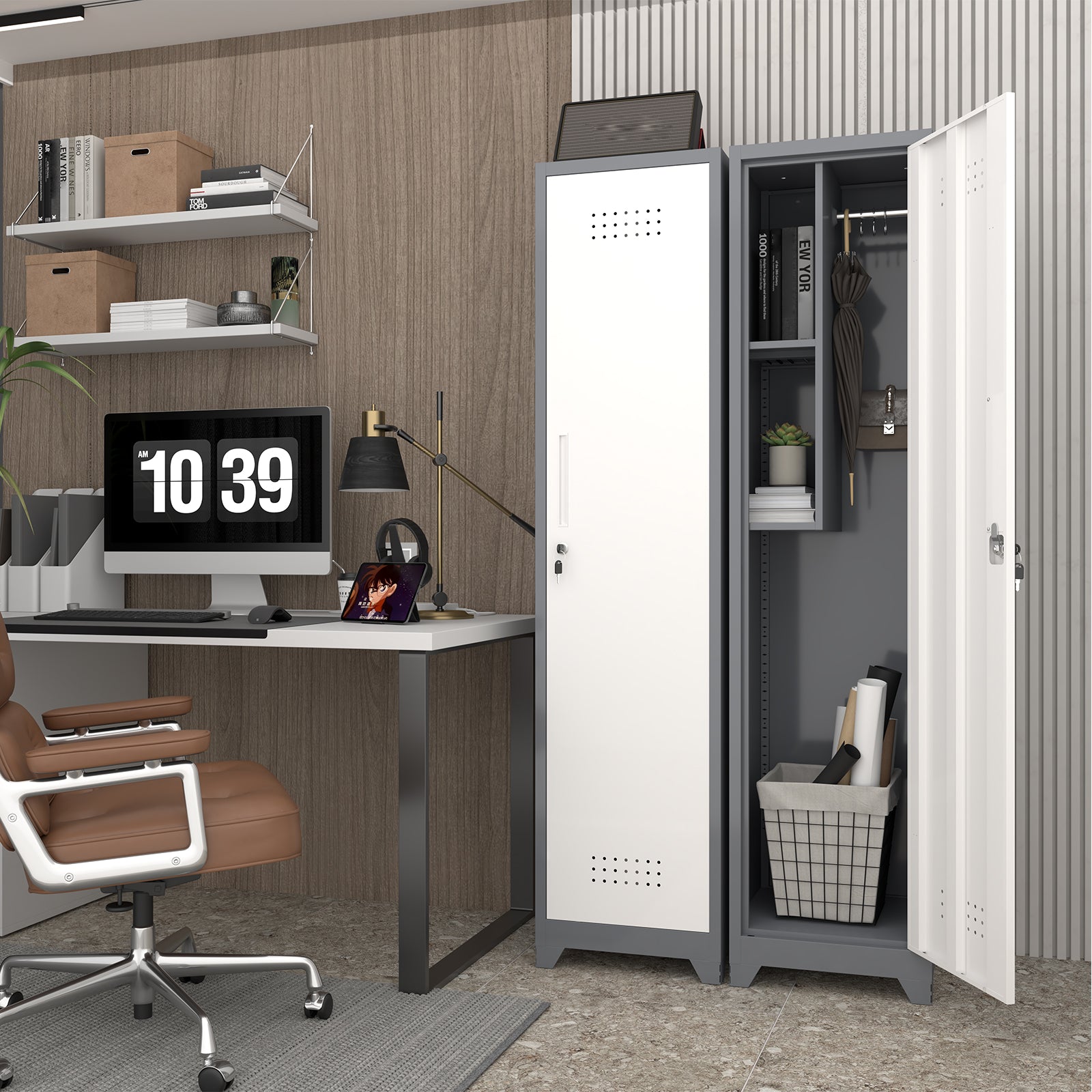 Slim Broom Storage Cabinet with Shelves, Hanging Rod & Locking Door - Metal