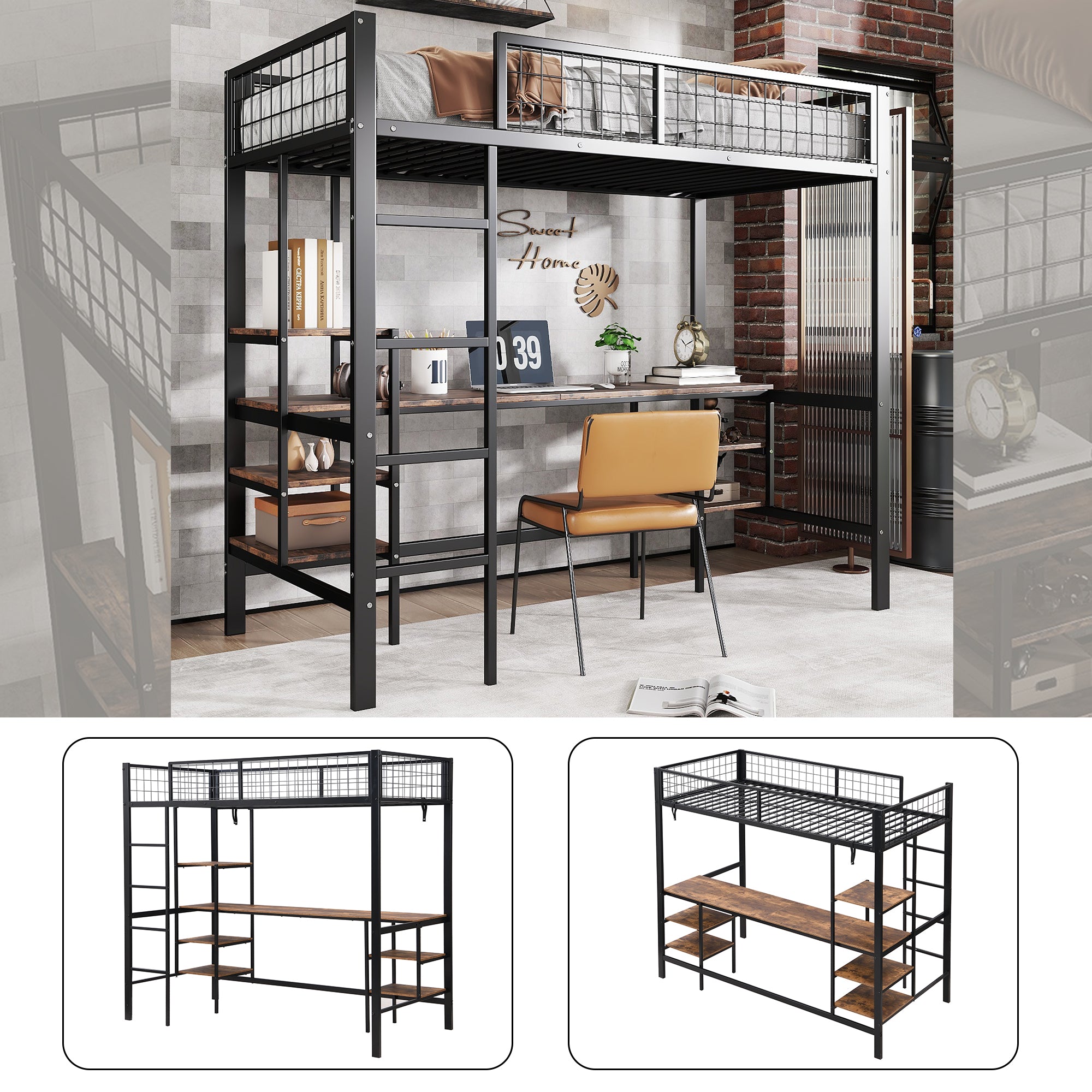 Iron Bunk Bed 90x200cm with Table Shelf Ladder for Children/Teens, Black/Dark Wood Color, Iron/Chipboard