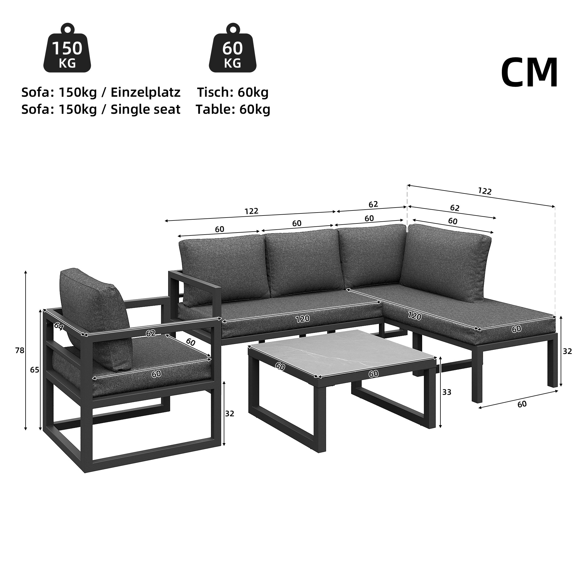 Rope Garden Lounge Set Corner Sofa Adjustable Legs - Grey