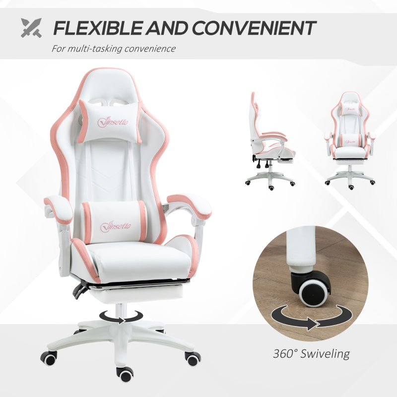 Computer Gaming Chair with Footrest, 135° Reclining Back, Lumbar Support, White and Pink PU Leather