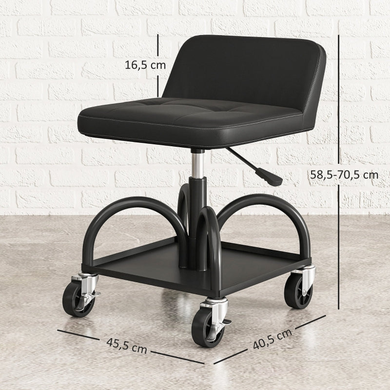 Workshop Stool with Wheels, Storage & Lumbar Support, 135 kg Load Capacity, Black