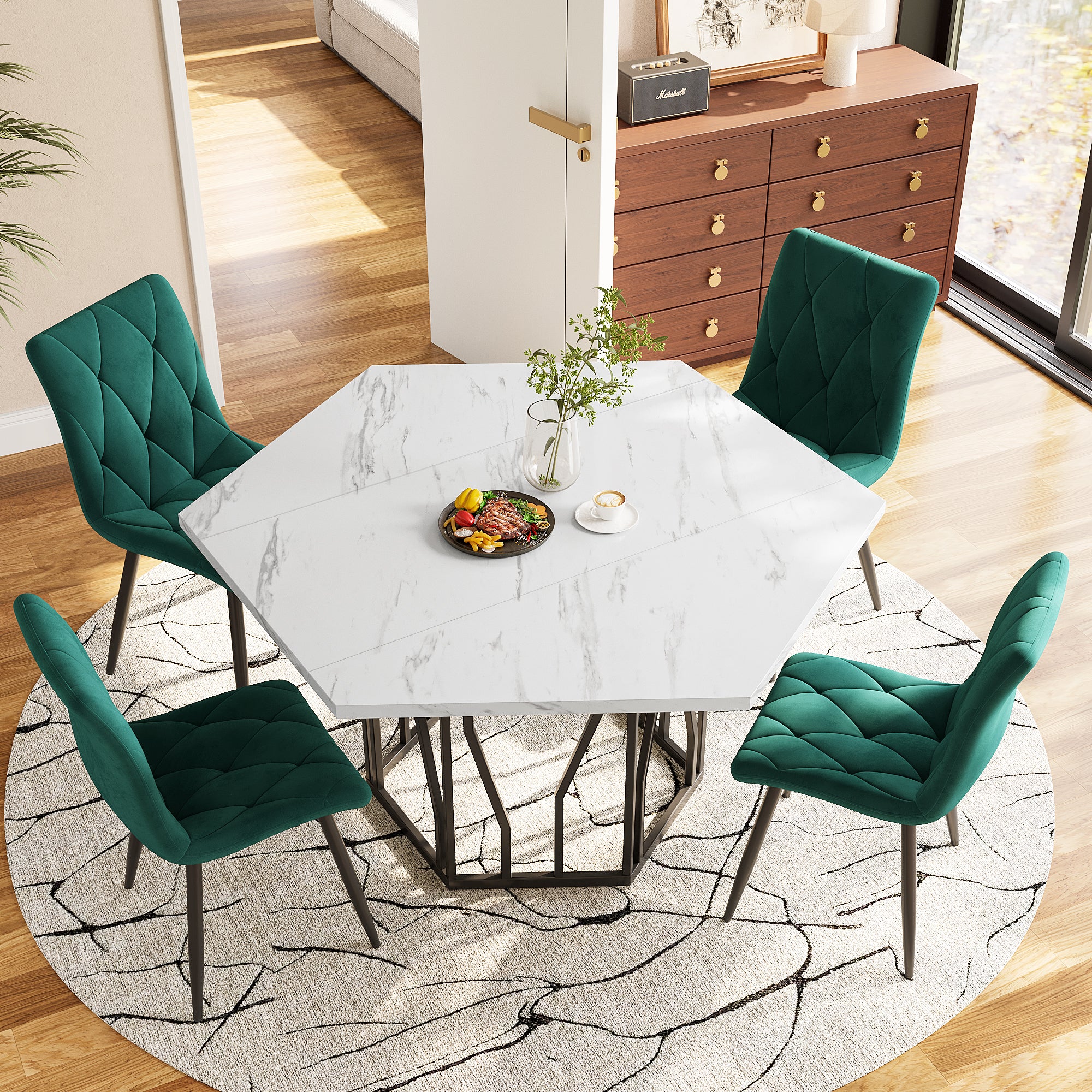 Dining Set (5-Piece), Hexagonal Marble Table + 4 Velvet Chairs, Green