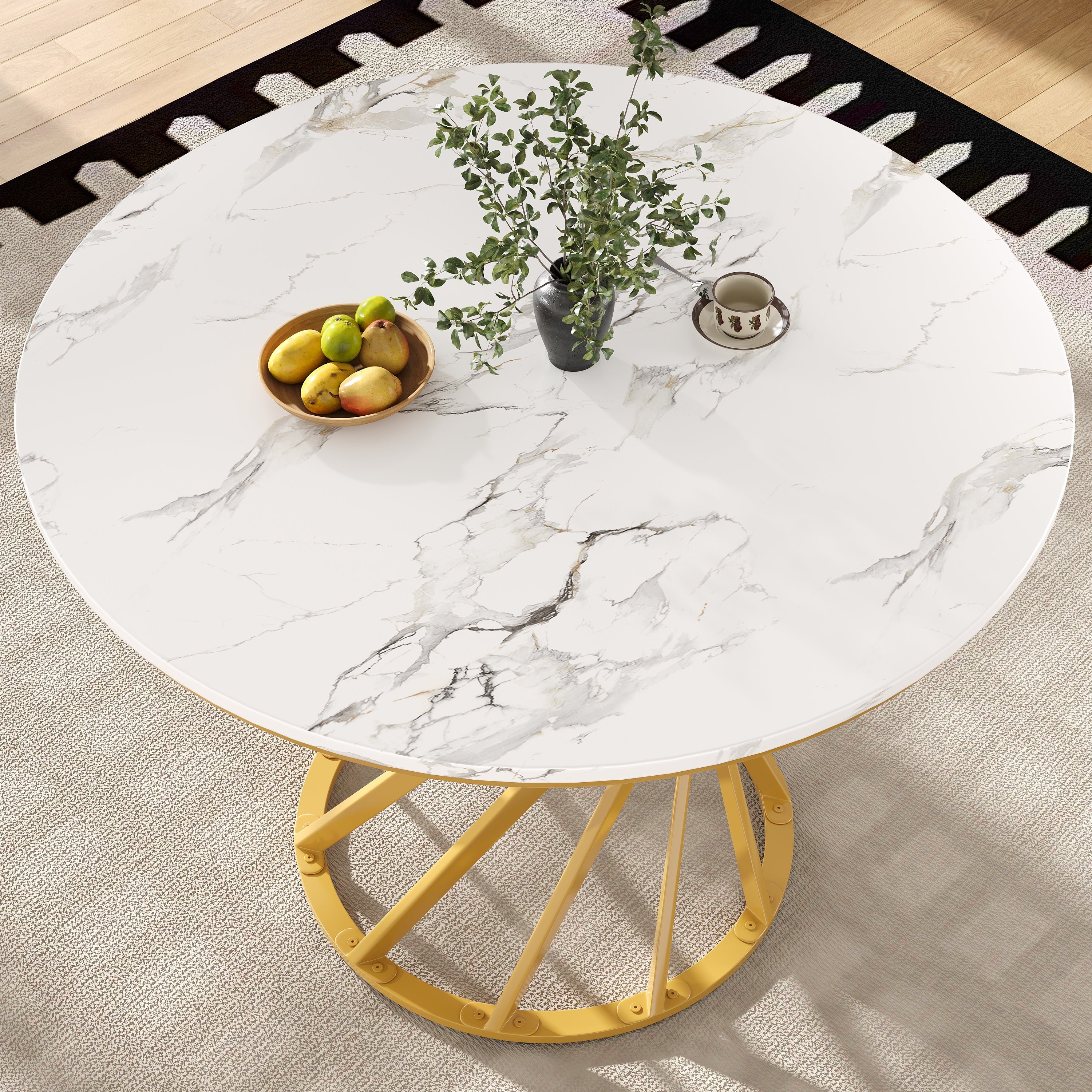 5-Piece Dining Set, Round 80cm Kitchen Table Gold Metal Legs, Dark Grey Velvet / White MDF