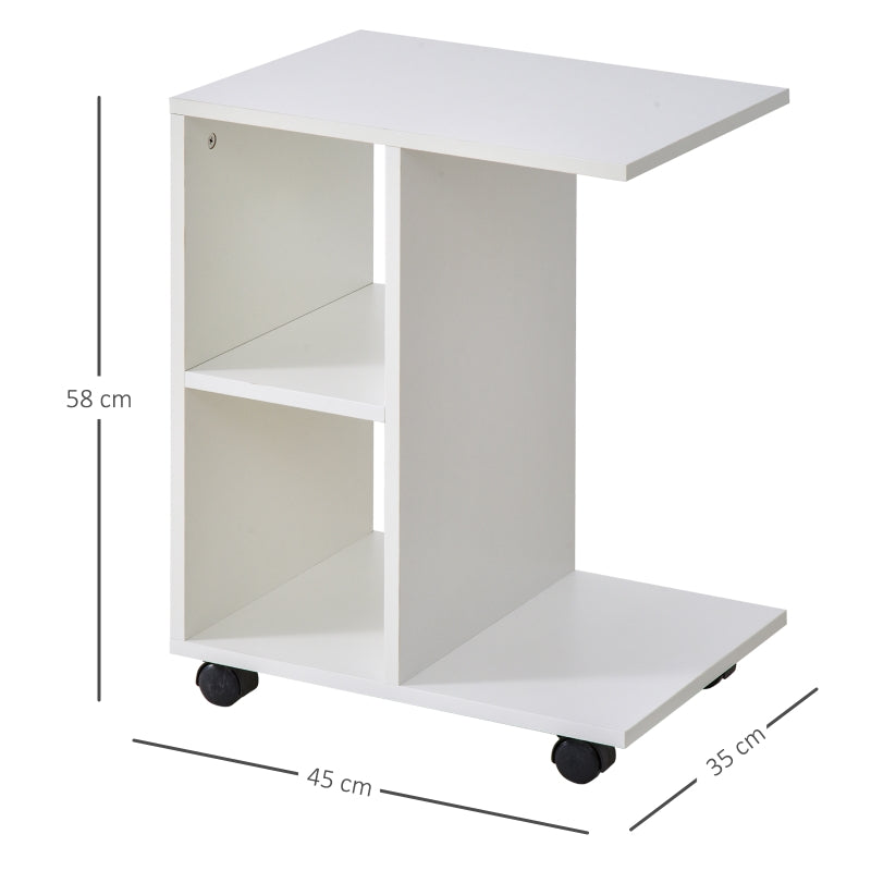C-Shape End Table Freestanding Storage Unit with 2 Shelves and 4 Wheels, White