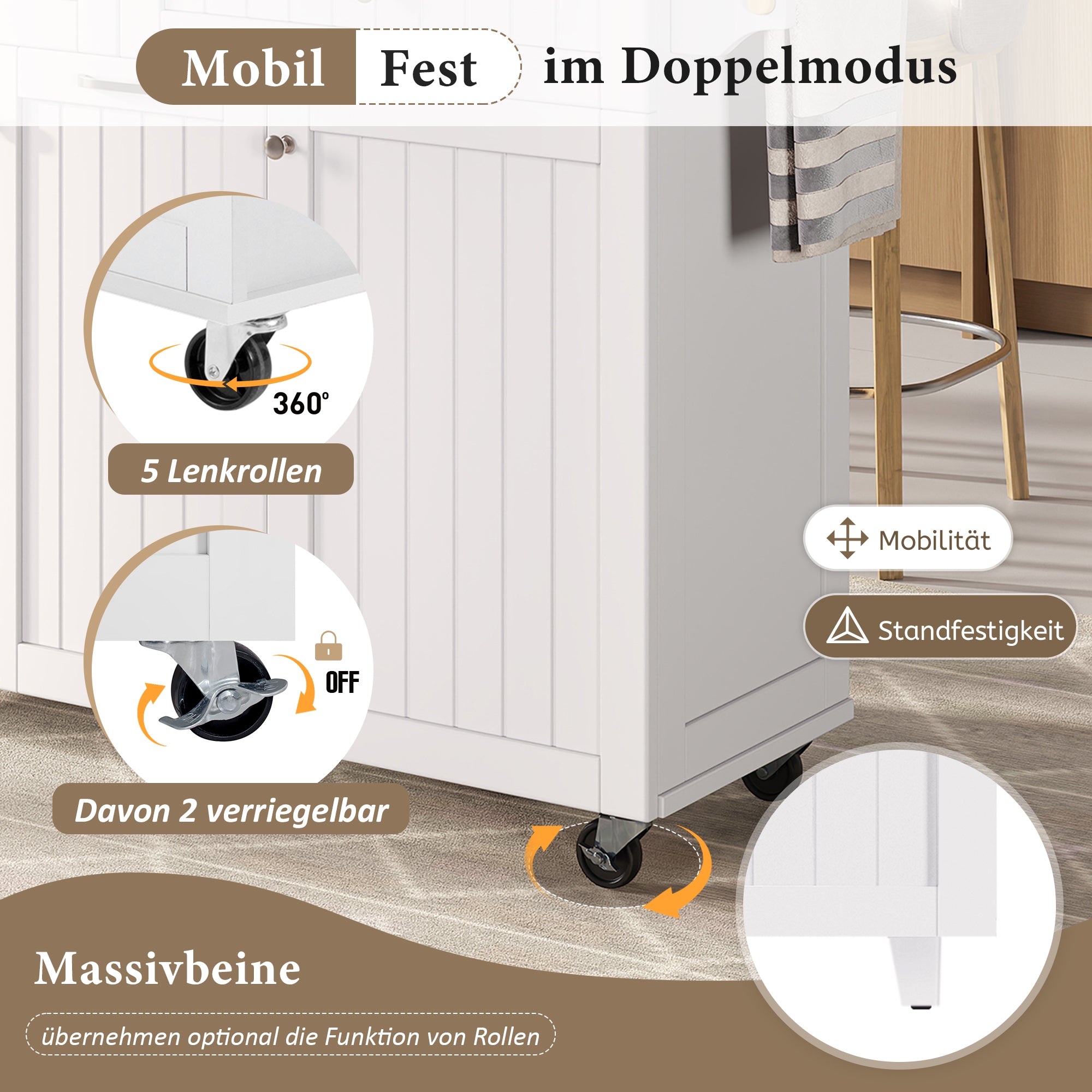 Kitchen Island Mobile Extendable Dining Area Drawers - White