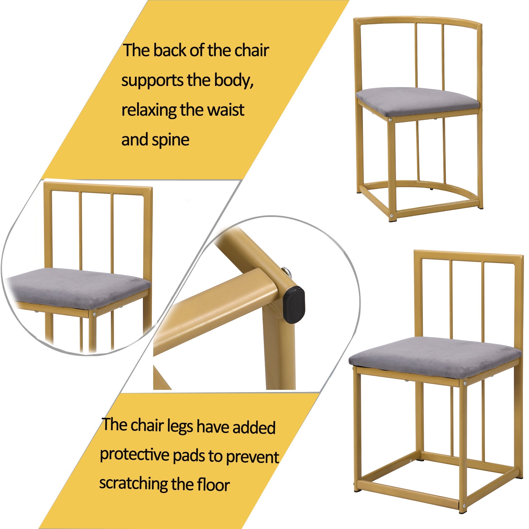 Dining Table Set (6-Piece) with White Table, Gray Upholstered Chairs & Gold Iron Frame