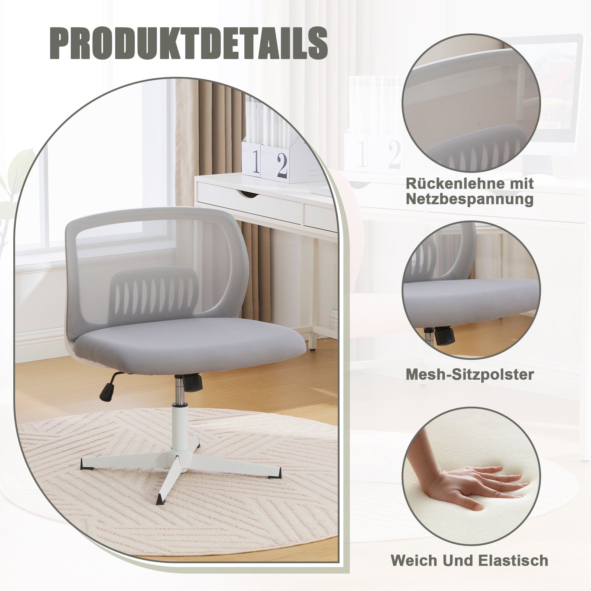 Armless Office Chair, Upholstered, Rocking, Height Adjustable, 360° Rotatable