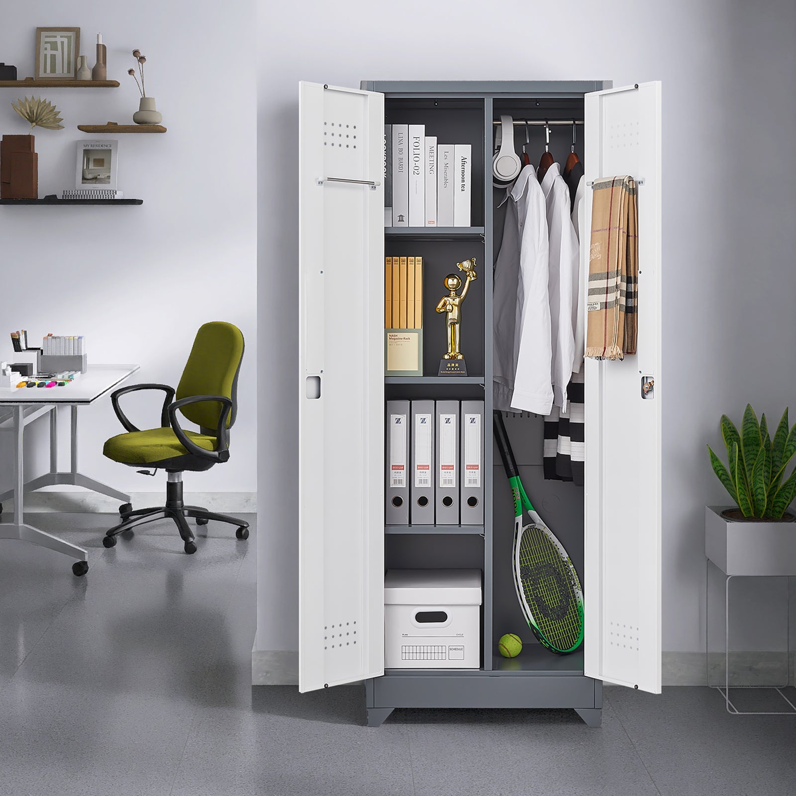 Broom Storage Cabinet with Locking Doors, Hanging Rod and S-Hooks, 65 Inch Metal, Gray