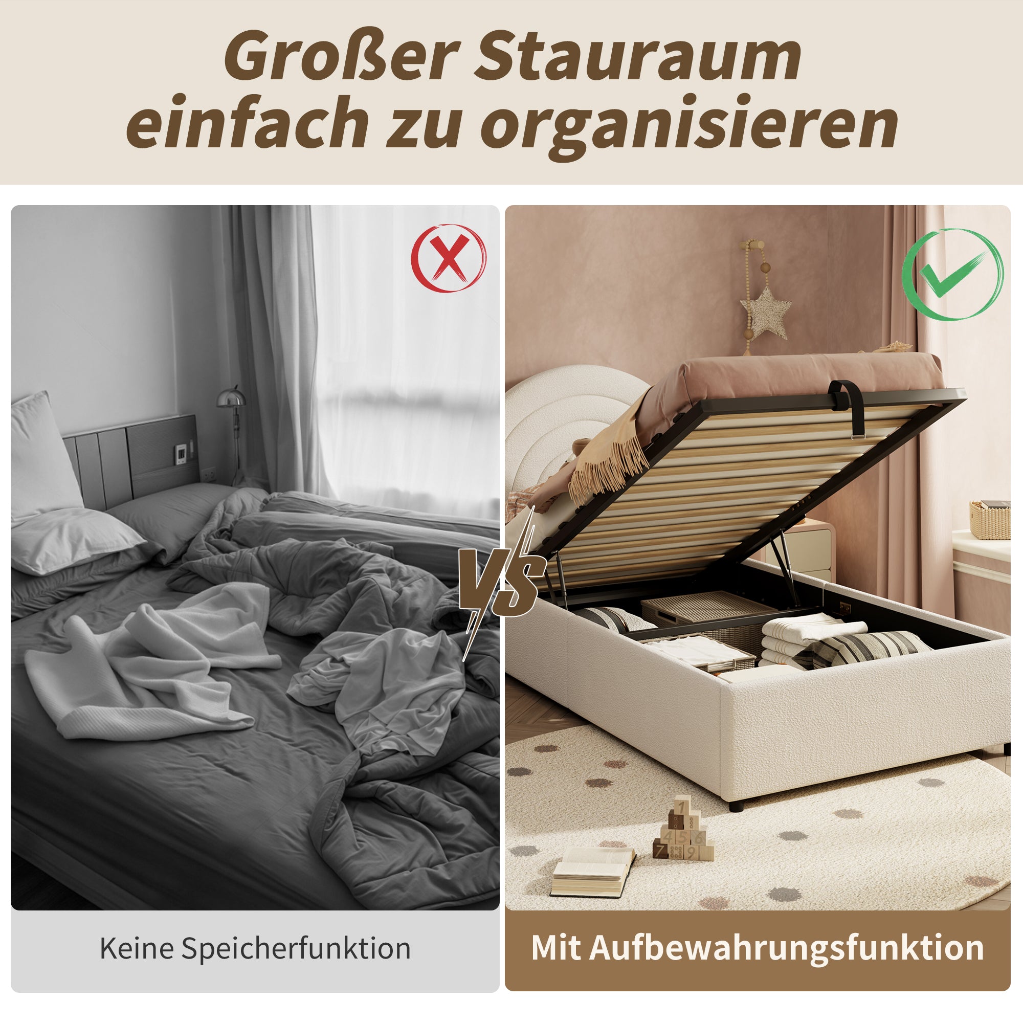 Upholstered Single Bed 90x200 with Slatted Base and Headboard, Beige Bouclé